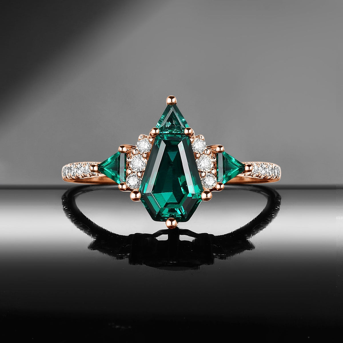 Classic Style Coffin Cut  Lab Emerald Engagement Ring with Triangle Emrald Cluster