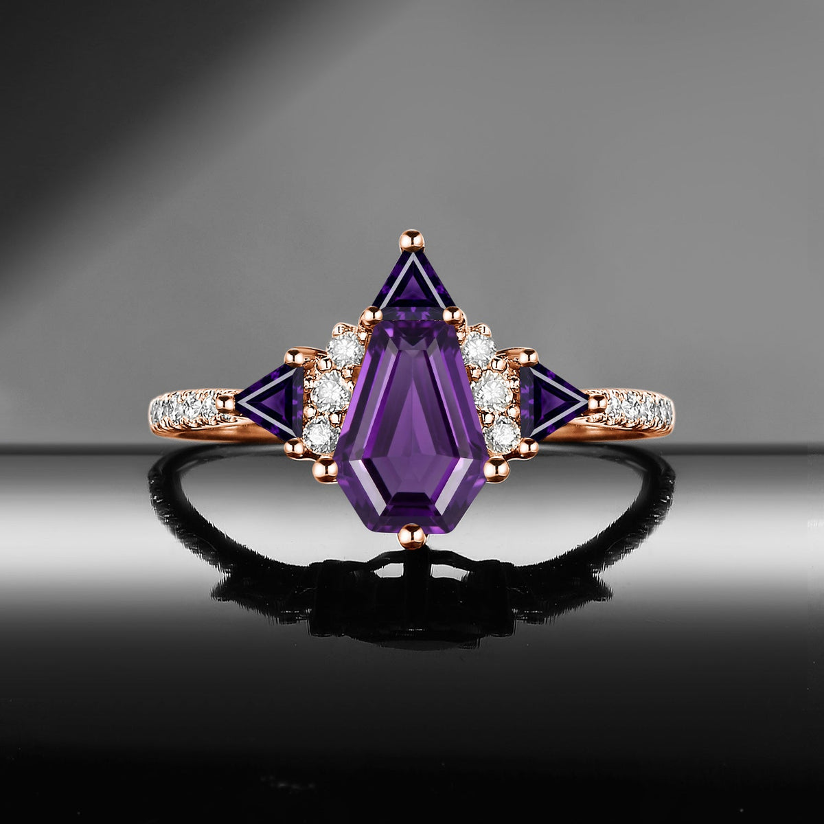 Classic Style Coffin Cut Amethyst Engagement Ring with Triangle Amethyst Cluster