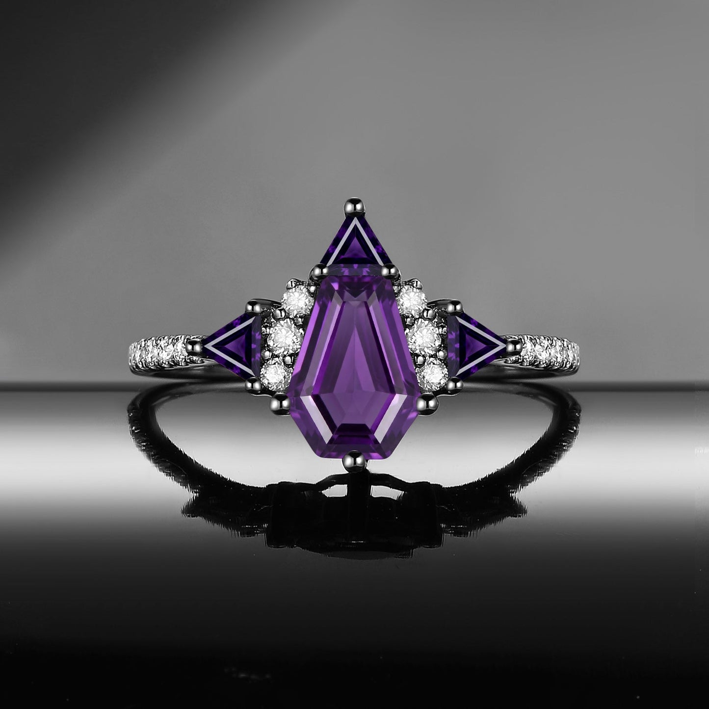 Classic Style Coffin Cut Amethyst Engagement Ring with Triangle Amethyst Cluster