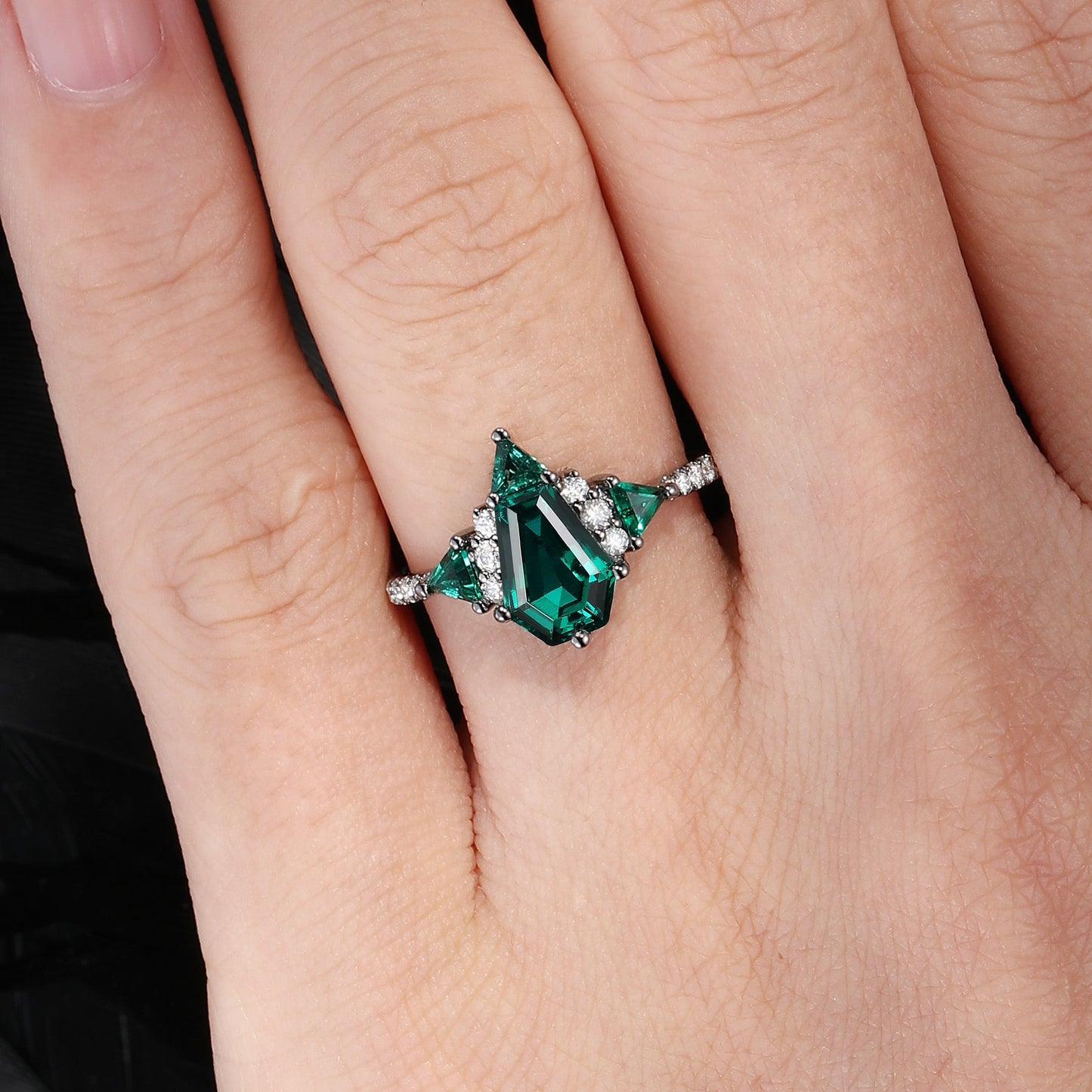 Classic Style Coffin Cut  Lab Emerald Engagement Ring with Triangle Emrald Cluster