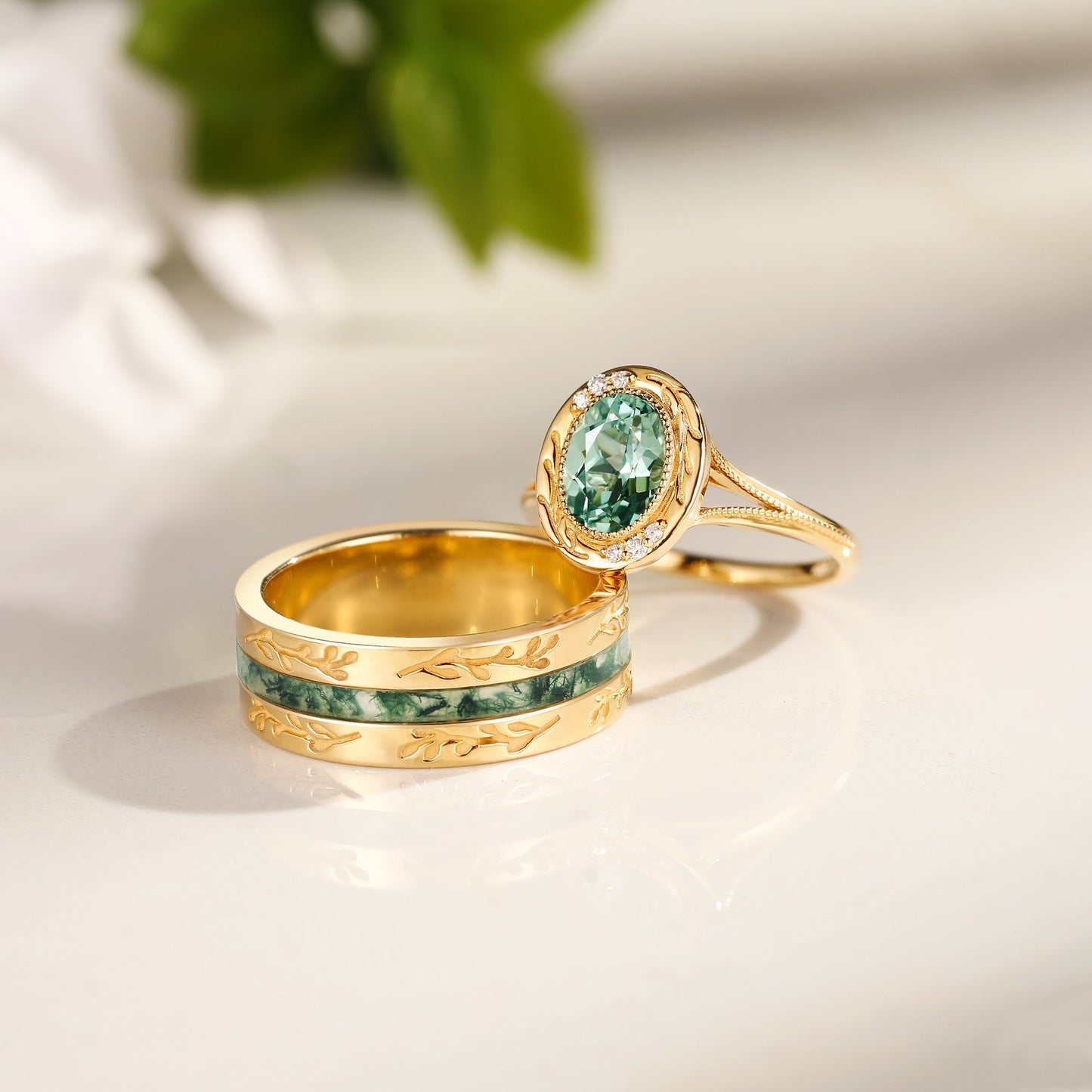 Oval Cut Lab Green Sapphire & Moss Agate Engraved Bezel Couple Ring Set 2pcs - Cascade