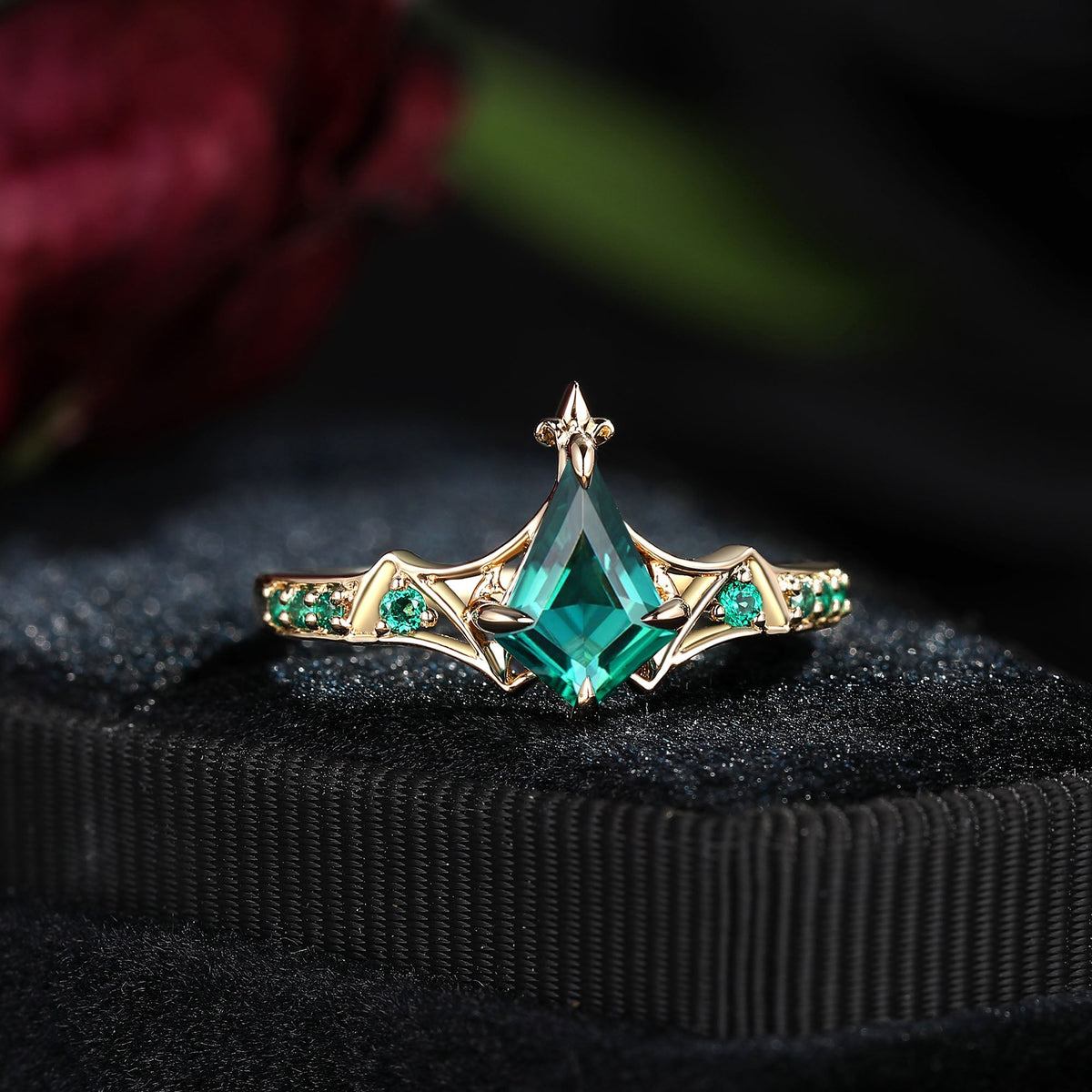 Gothic Bat Ring - Art Deco Kite Cut Lab Emerald Engagement Ring
