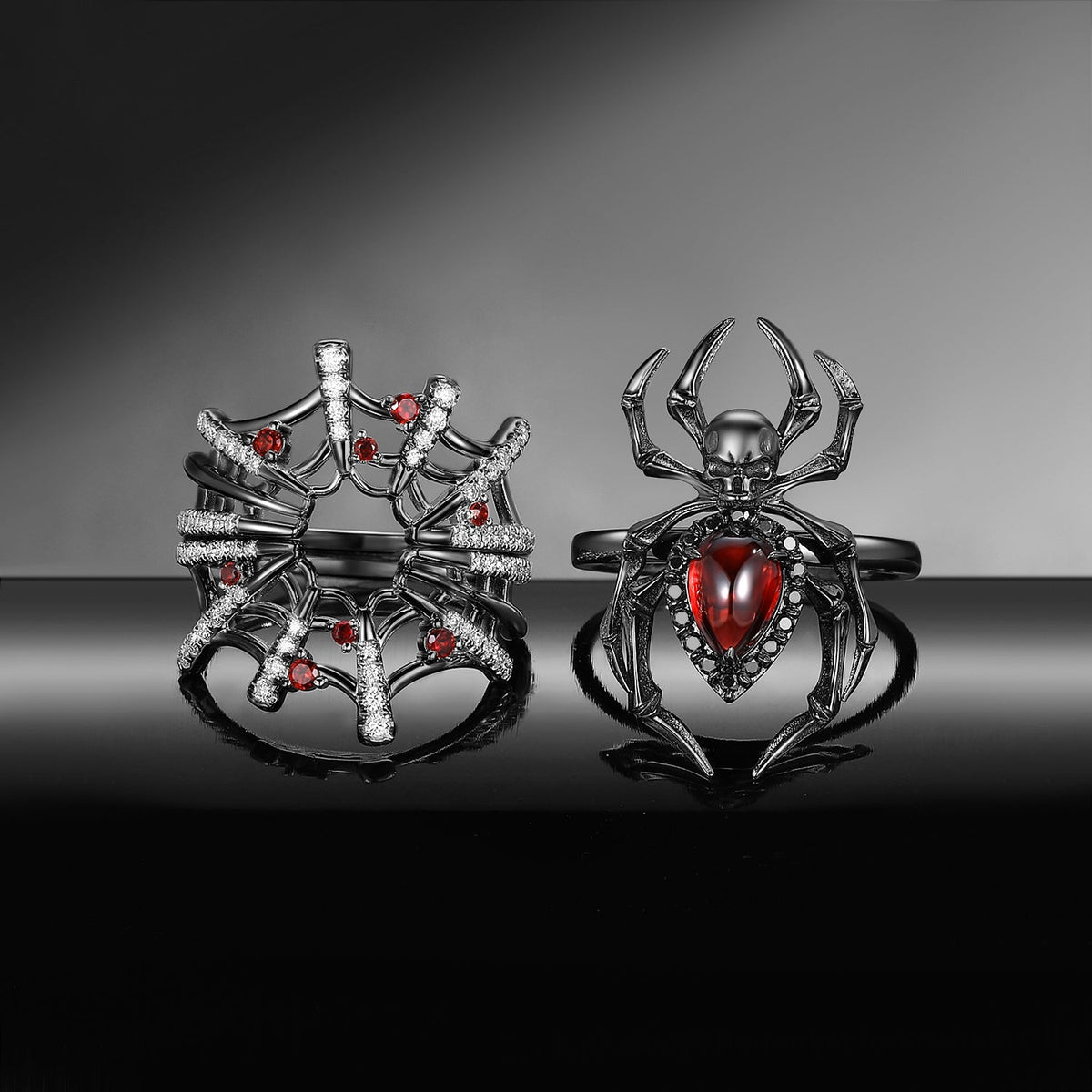 Spider Ring 'The Web' - Gothic Pear Cut Garnet Engagement Ring Set with Skull Inspired Band