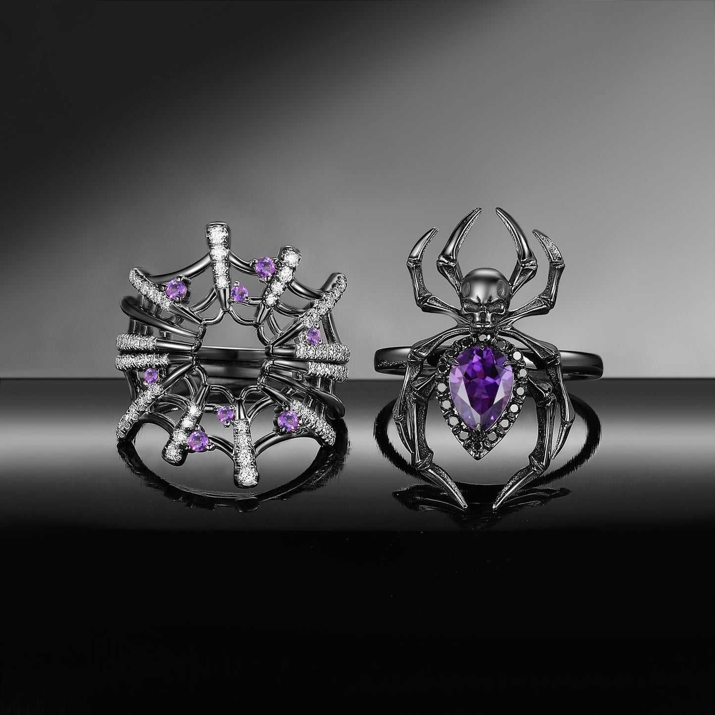 Spider Ring 'The Web' - Gothic Pear Cut Amethyst Engagement Ring Set with Skull Inspired Band