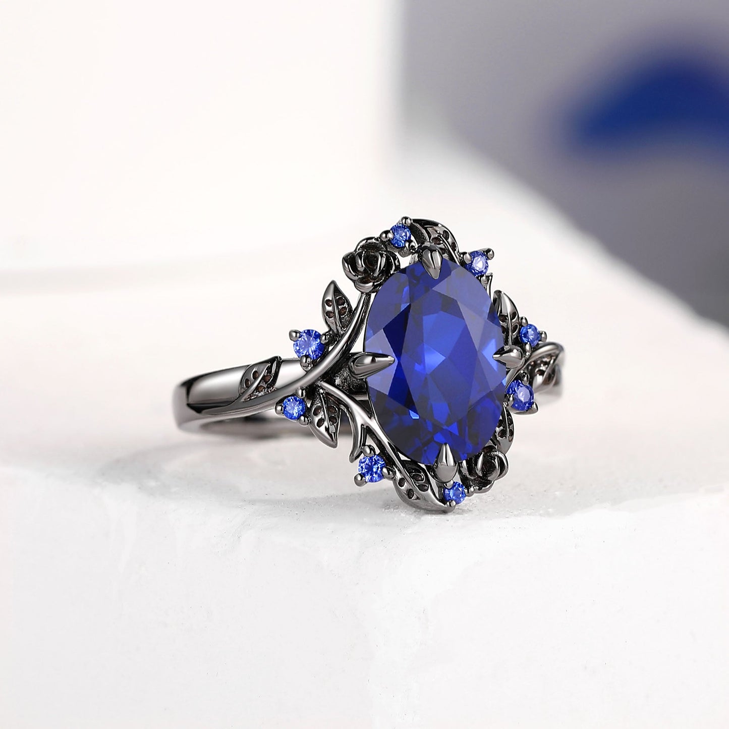 Oval Cut Leafy Lab Blue Sapphire Engagement Ring - Nyx