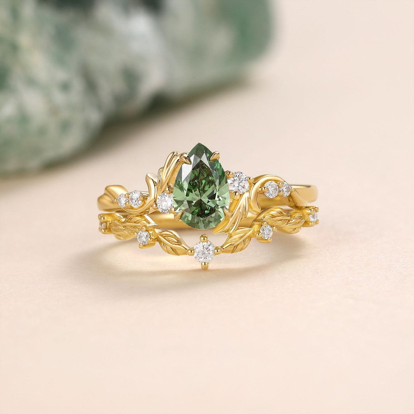 Pear Cut Lab Green Sapphire Leafy Engagement Ring Sets - Arden