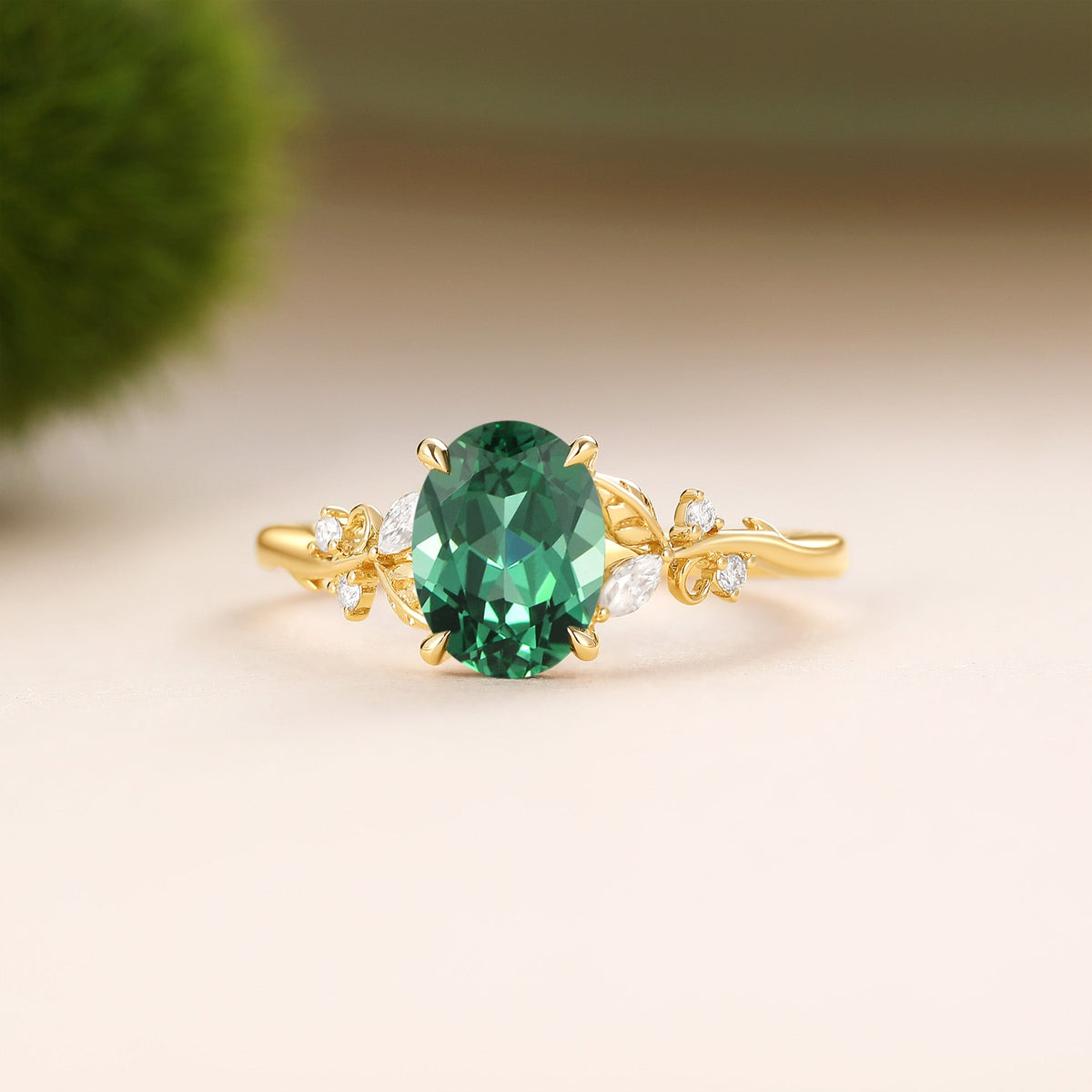 Oval Cut Lab Green Sapphire Leafy Engagement Ring - Nieve