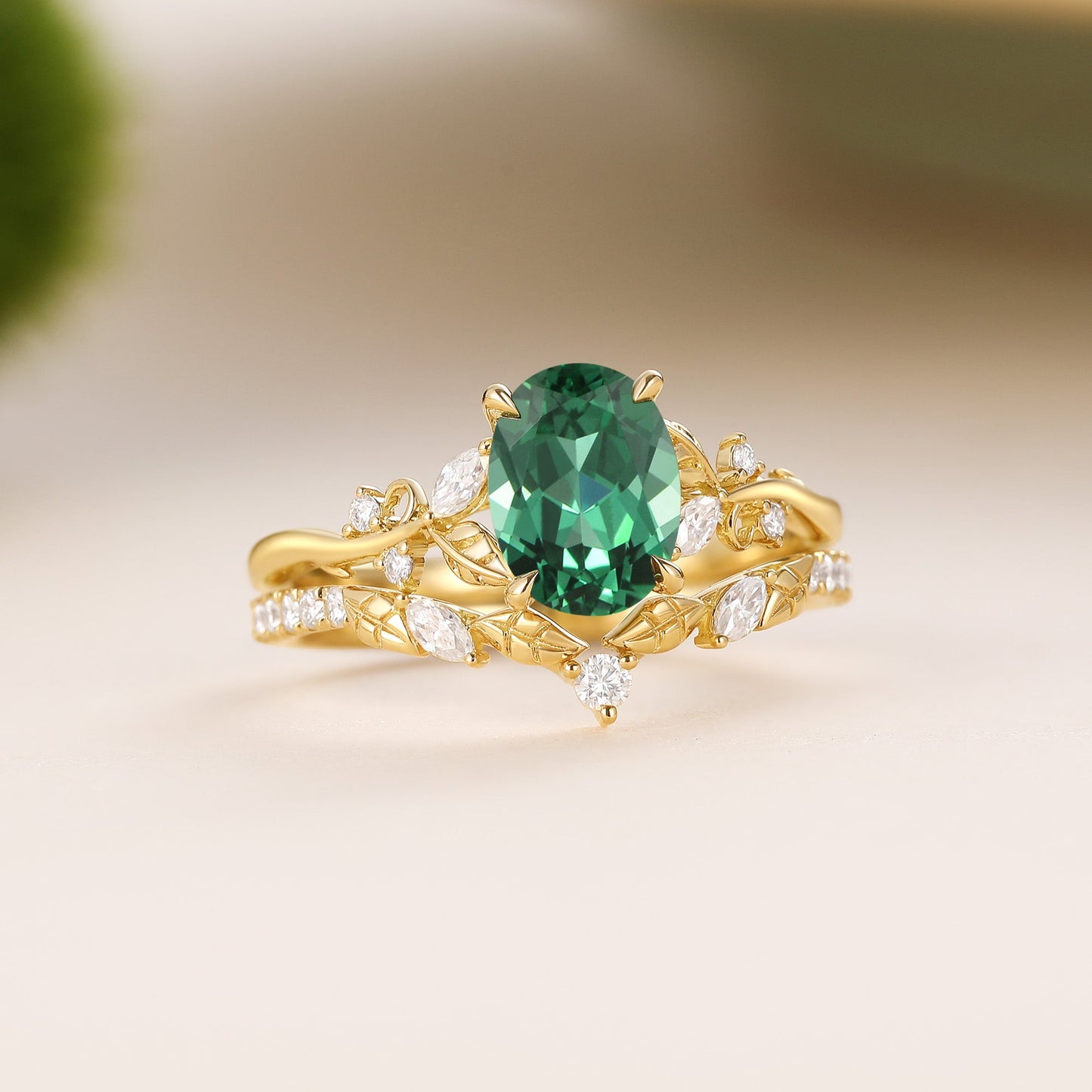 Oval Cut Lab Green Sapphire Leafy Engagement Ring Sets - Nieve