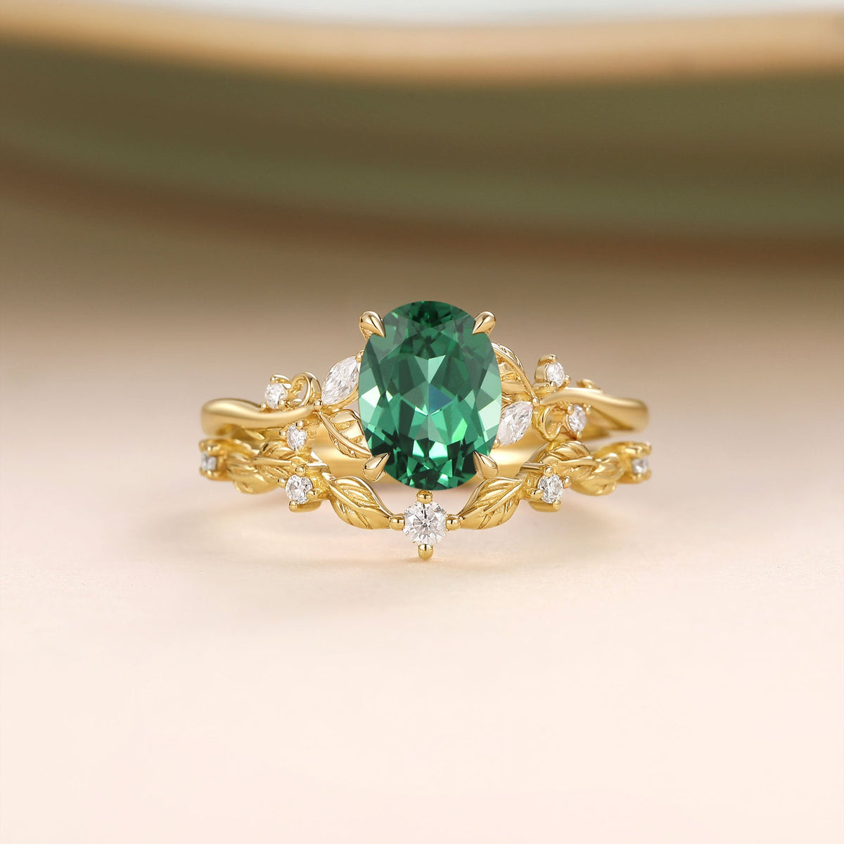 Oval Cut Lab Green Sapphire Leafy Engagement Ring Sets - Nieve