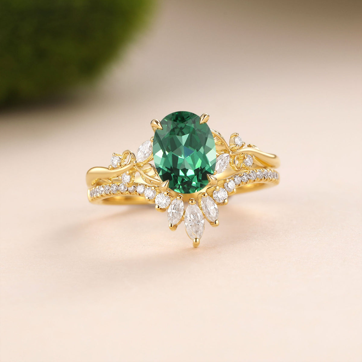 Oval Cut Lab Green Sapphire Chevron Engagement Ring Sets - Nieve