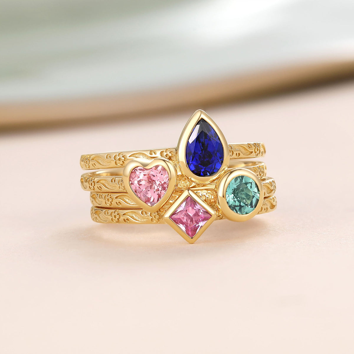 Pear Multi-Color Lab Grown Diamond Bezel Engraved Stack Engagement Ring Set 4pcs - Talise