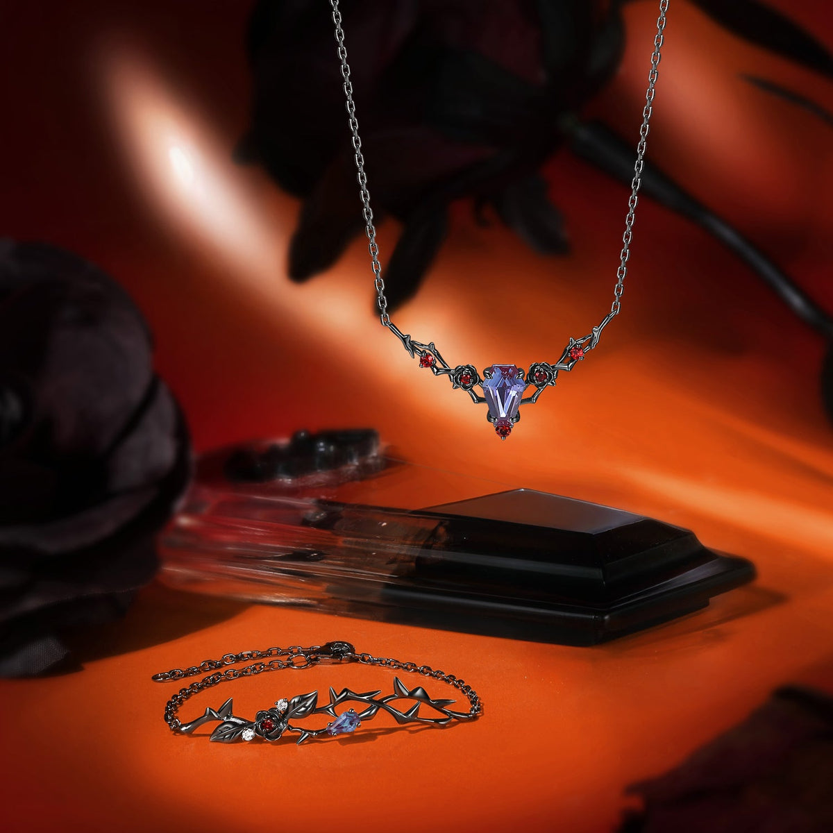 Nature Inspired Gothic Coffin Lab Alexandrite Leaf Flower Jewelry Set - 'Thorns & Roses' Jewelry Box