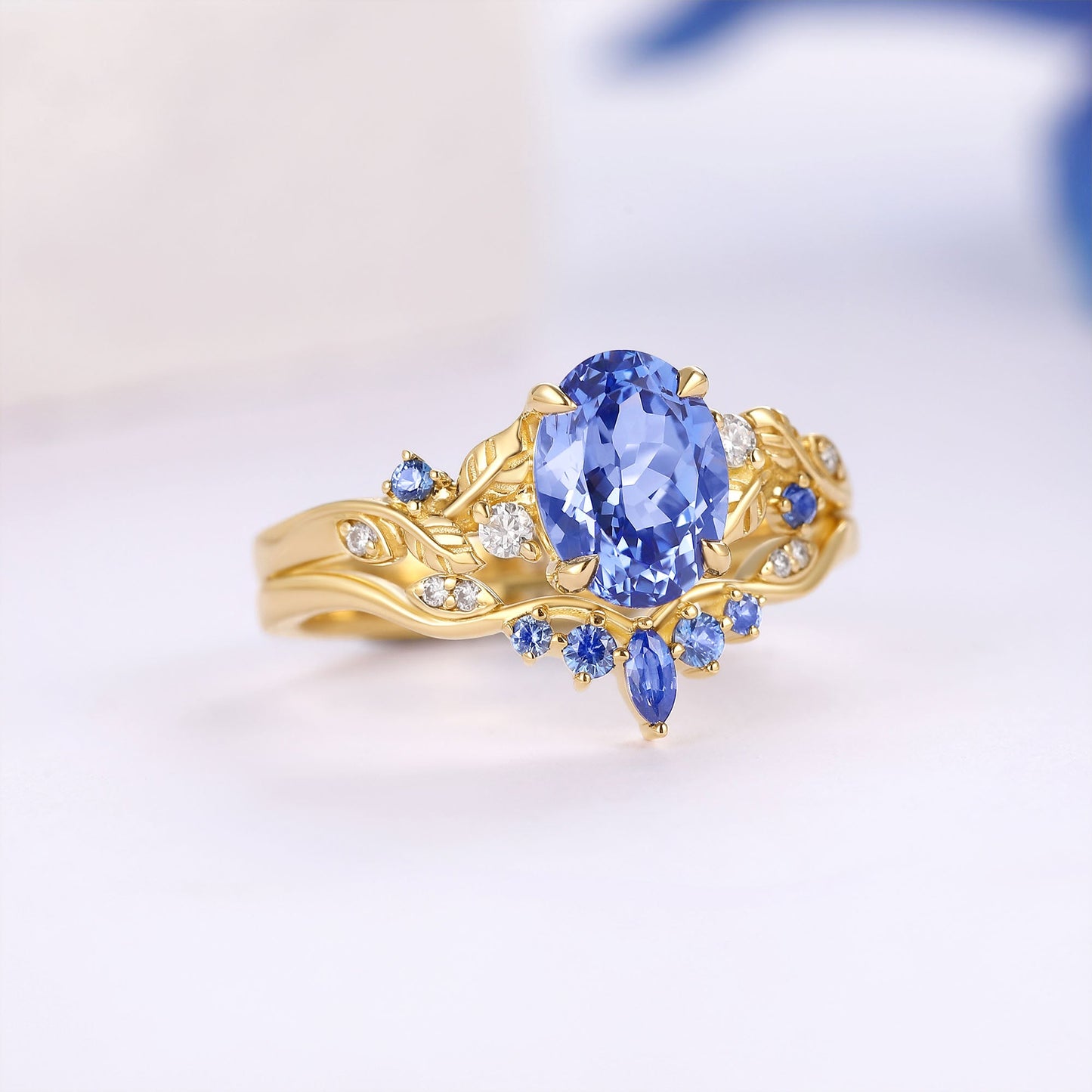 Oval Cut Lab Cornflower Sapphire Engagement Ring Sets 2pcs - Anouk
