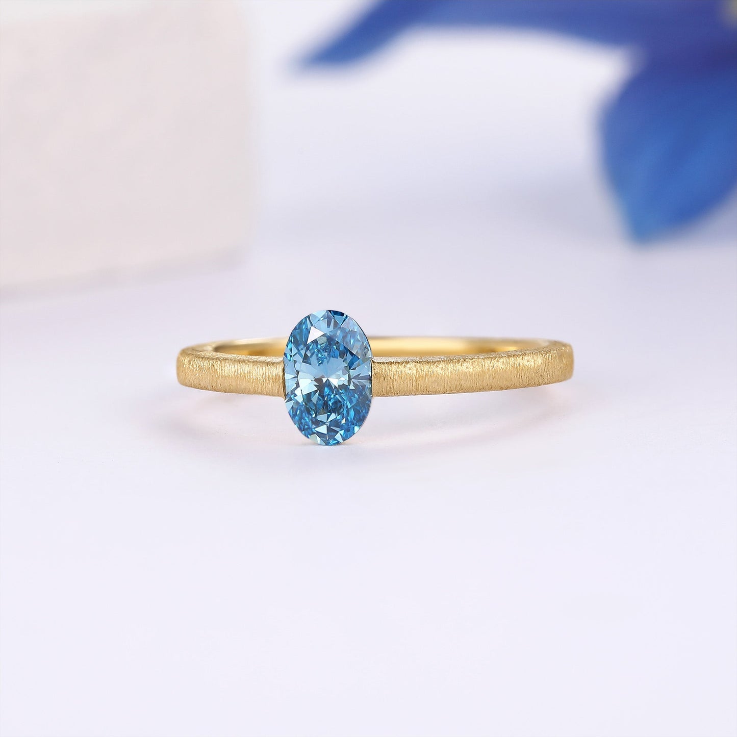 Minimalist Oval Cut Blue Lab Grown Diamond Gold Engagement Ring - Riva