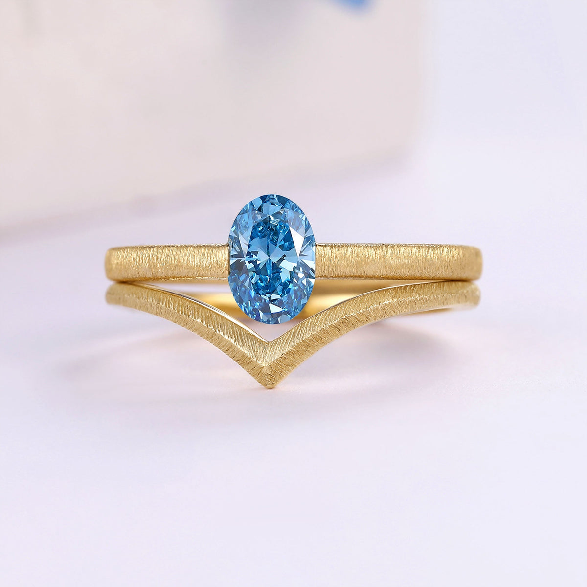 Minimalist Oval Cut Blue Lab Grown Diamond Gold Bridal Ring Sets 2pcs - Riva