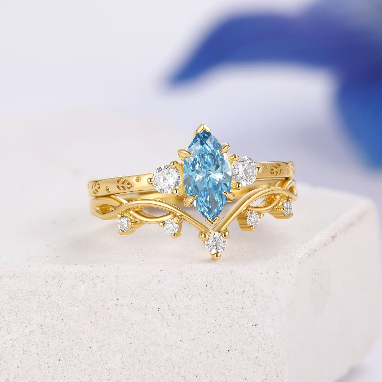 Marquise Blue Lab Grown Diamond Engraved Engagement Ring Sets 2pcs - Caelum