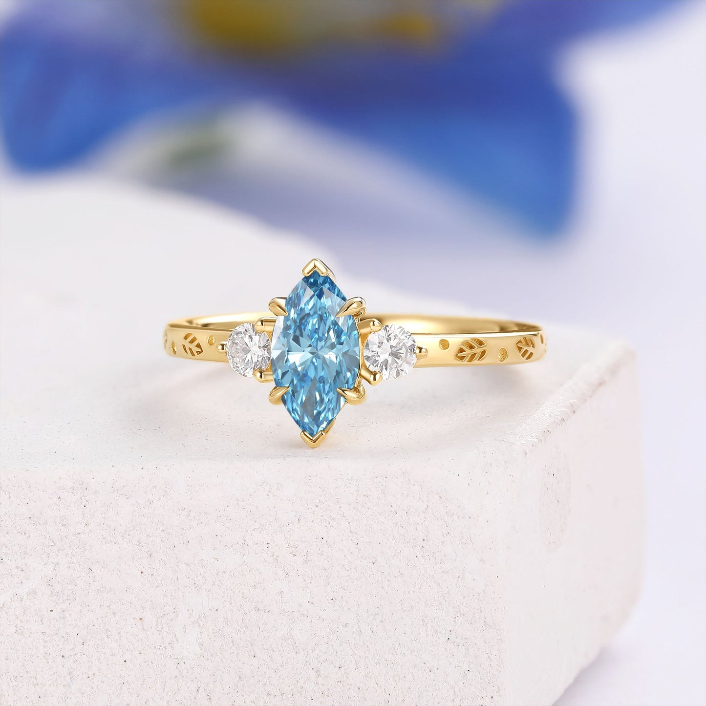 Marquise Blue Lab Grown Diamond Engraved Engagement Ring - Caelum
