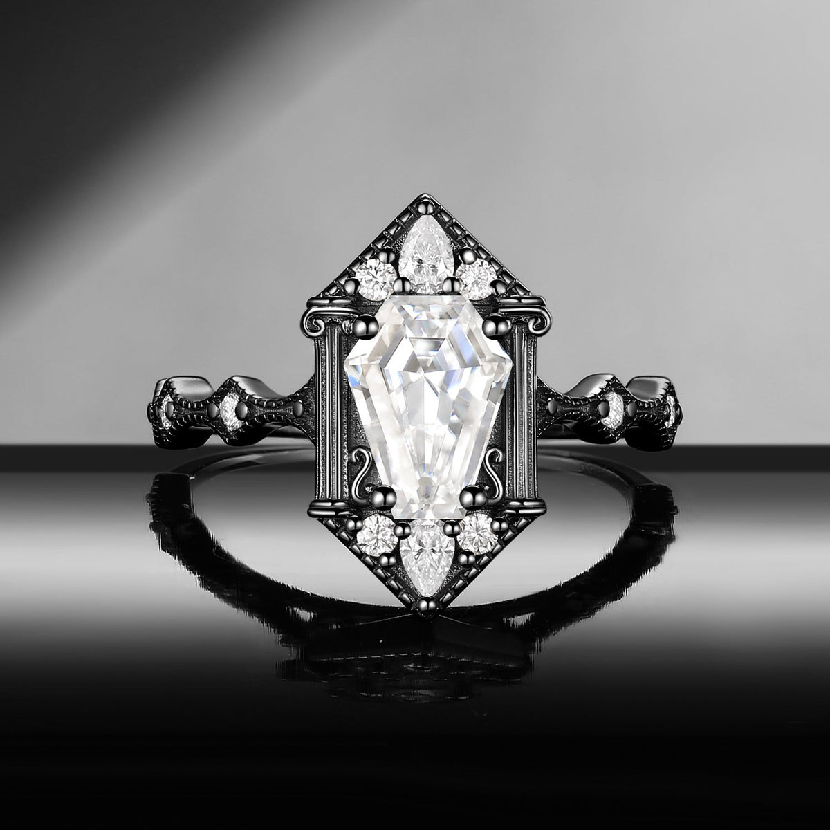 Vampire Shield – Vintage Art Deco Coffin Cut Moissanite Fallen Aegis Engagement Ring