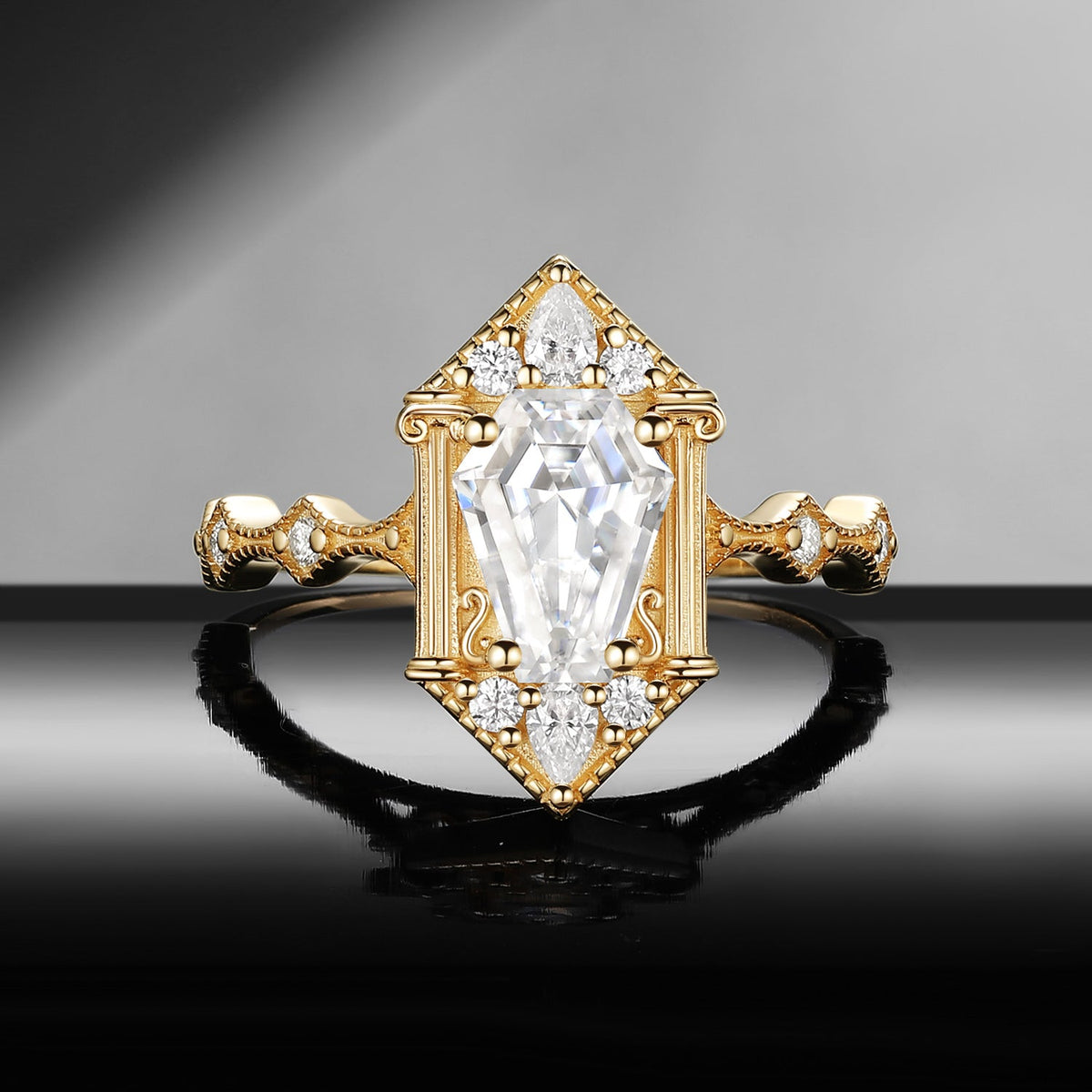 Vampire Shield – Vintage Art Deco Coffin Cut Moissanite Fallen Aegis Engagement Ring