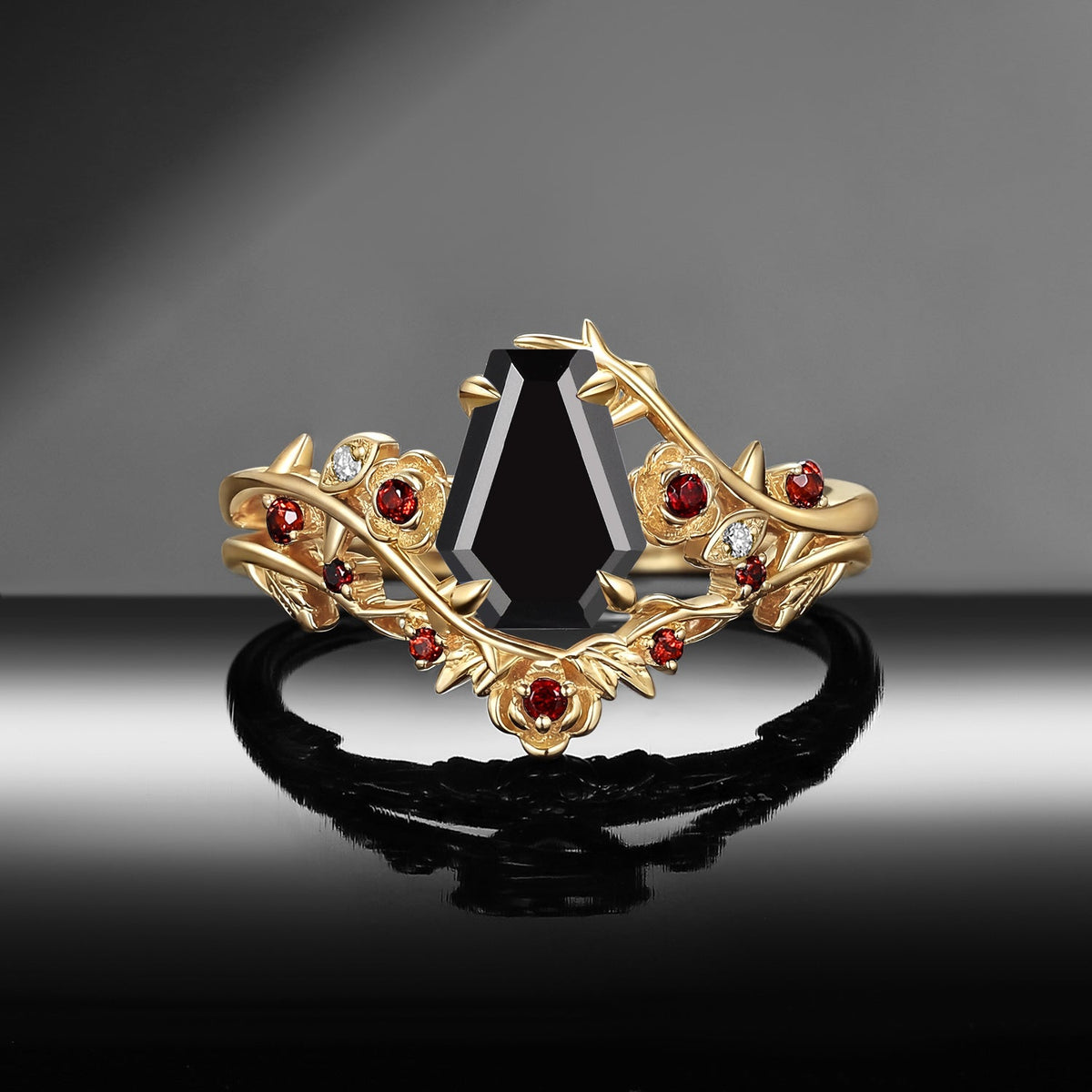 Gothic Nature Inspired Coffin Cut Black Moissanite Engagement Ring Set 2pcs - 'Thorns & Roses'