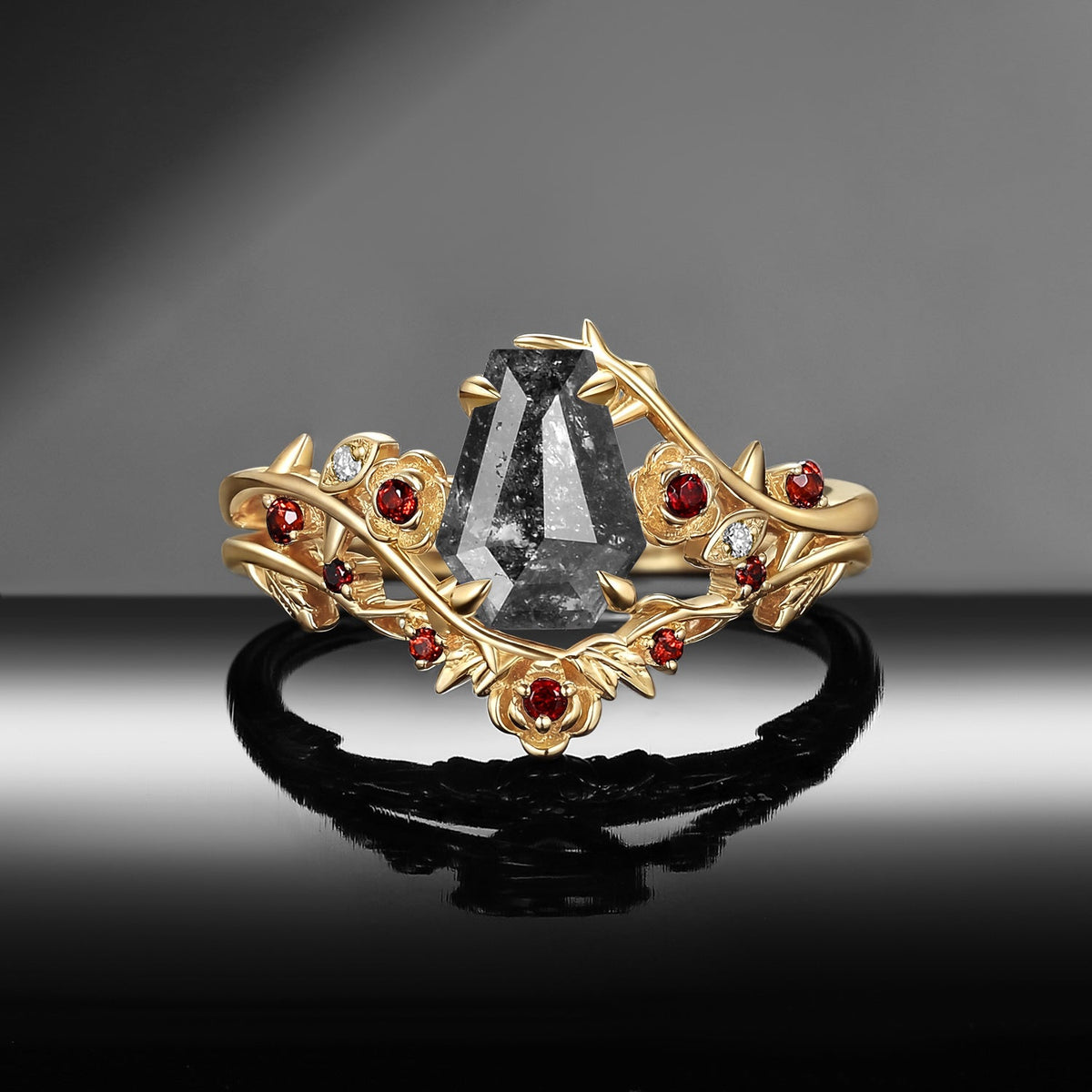 'The Fine Print' - Nature Inspired Coffin Salt & Pepper Diamond Thorns & Roses Bridal Set with Twisted Vine Band