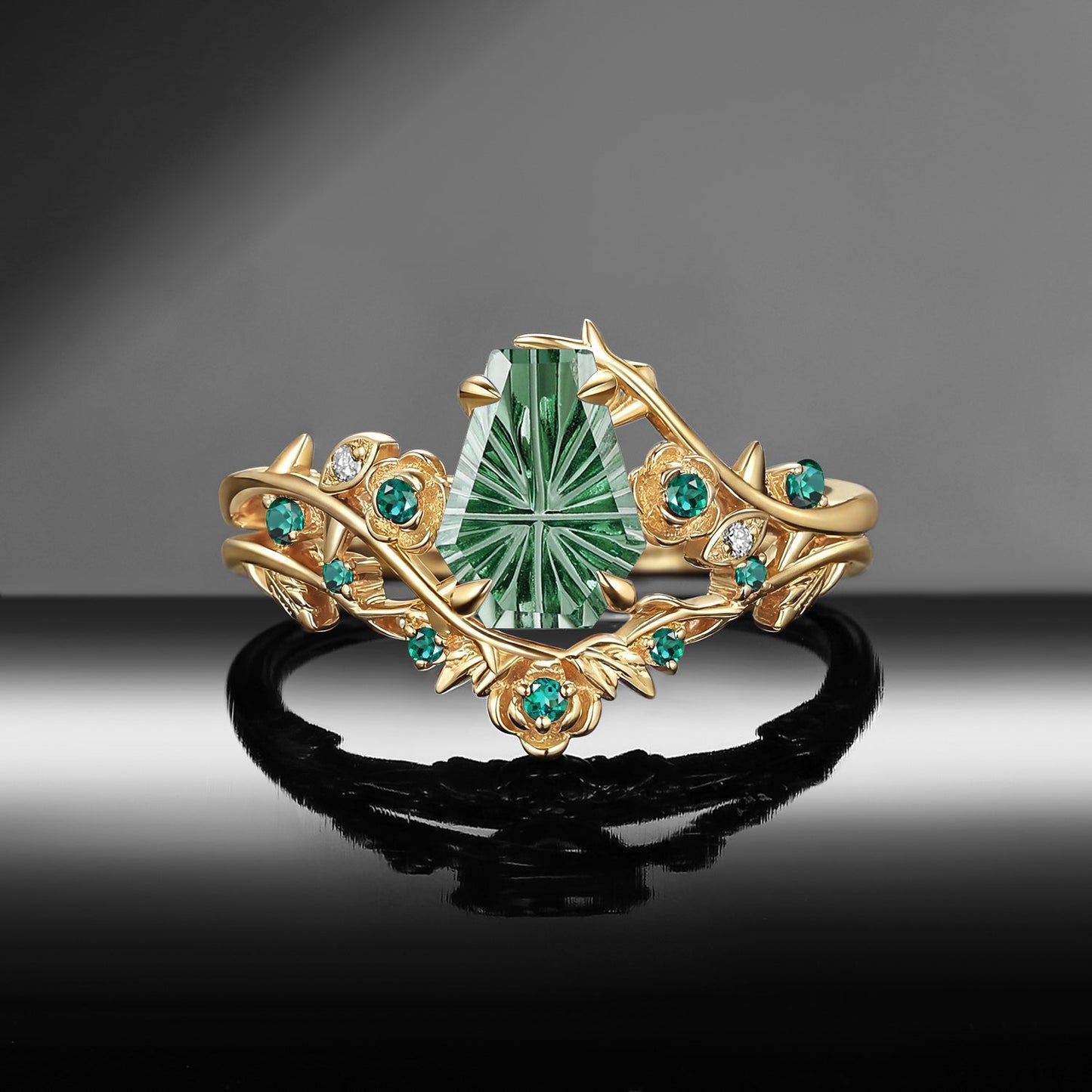 'Thorns & Roses' - Gothic Nature Inspired Fantasy Carved Coffin Lab Green Sapphire Engagement Ring Set
