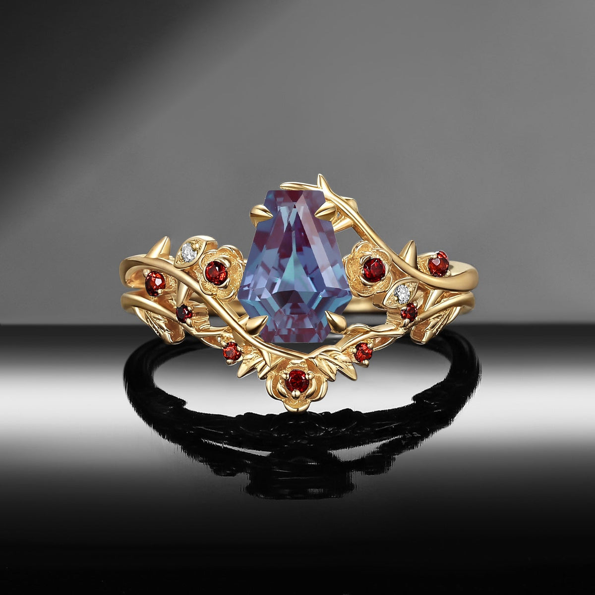 'The Fine Print' - Nature Inspired Coffin Cut Lab Alexandrite Thorns & Roses Bridal Set with Twisted Vine Band