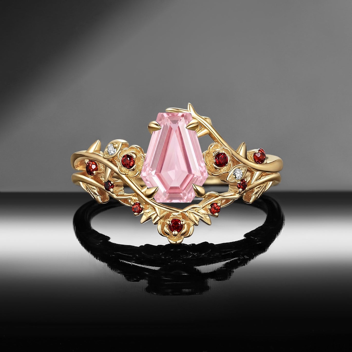Gothic Nature Inspired Coffin Cut Lab Pink Sapphire Engagement Ring Set 2pcs - 'Thorns & Roses'