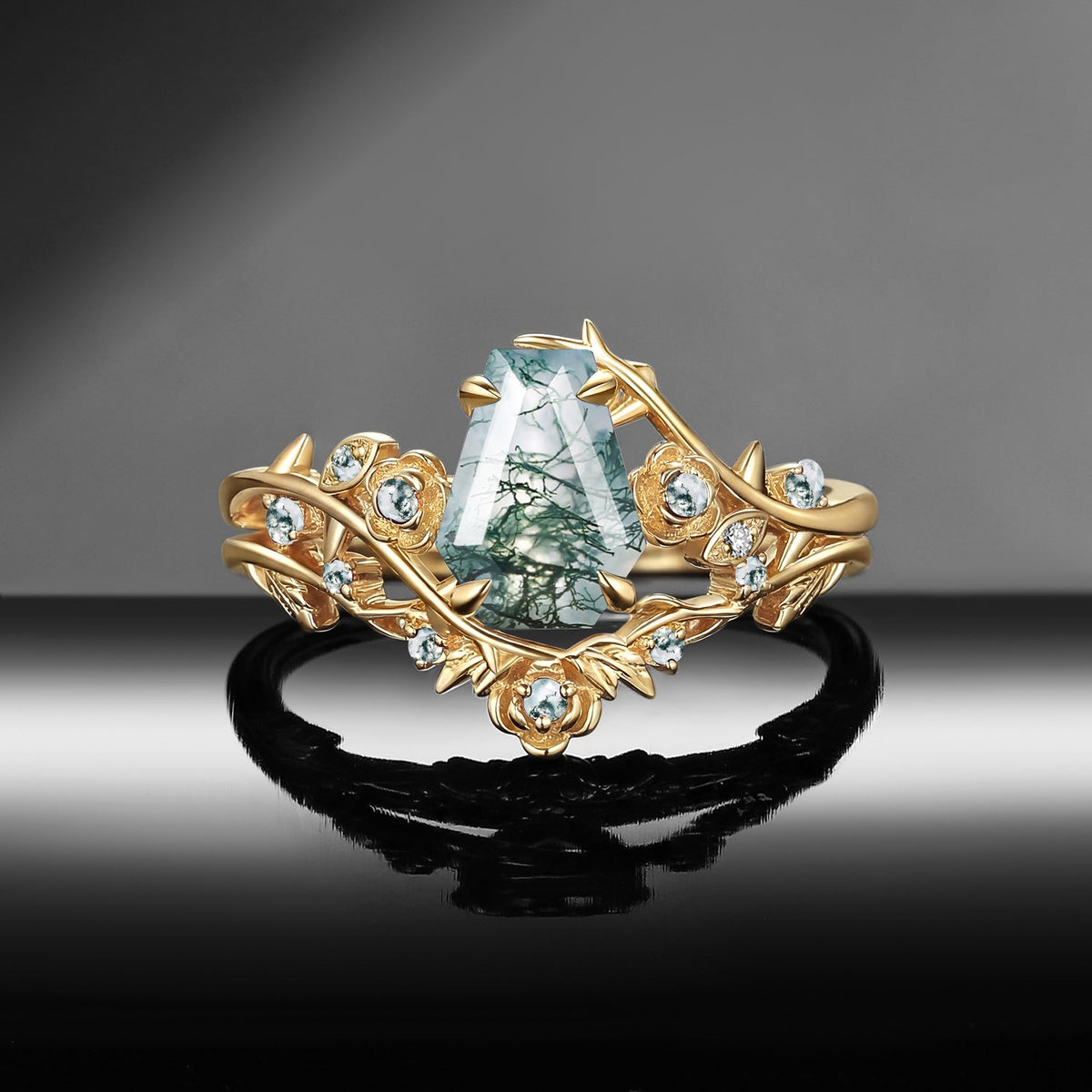 Gothic Nature Inspired Coffin Cut Moss Agate Engagement Ring Set 2pcs - 'Thorns & Roses'