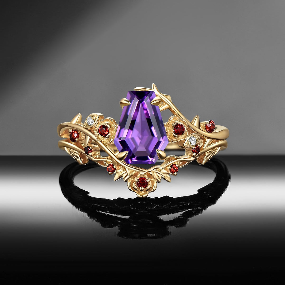 'The Fine Print' - Nature Inspired Coffin Amethyst Thorns & Roses Engagement Ring Set