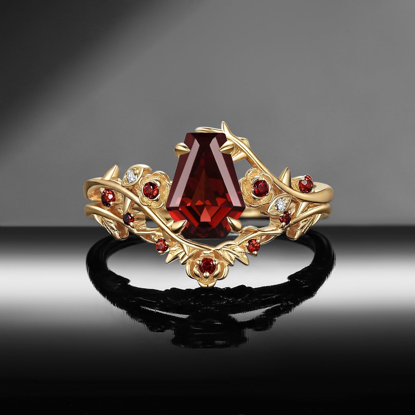 Gothic Nature Inspired Coffin Cut Garnet Engagement Ring Set 2pcs - 'Thorns & Roses'
