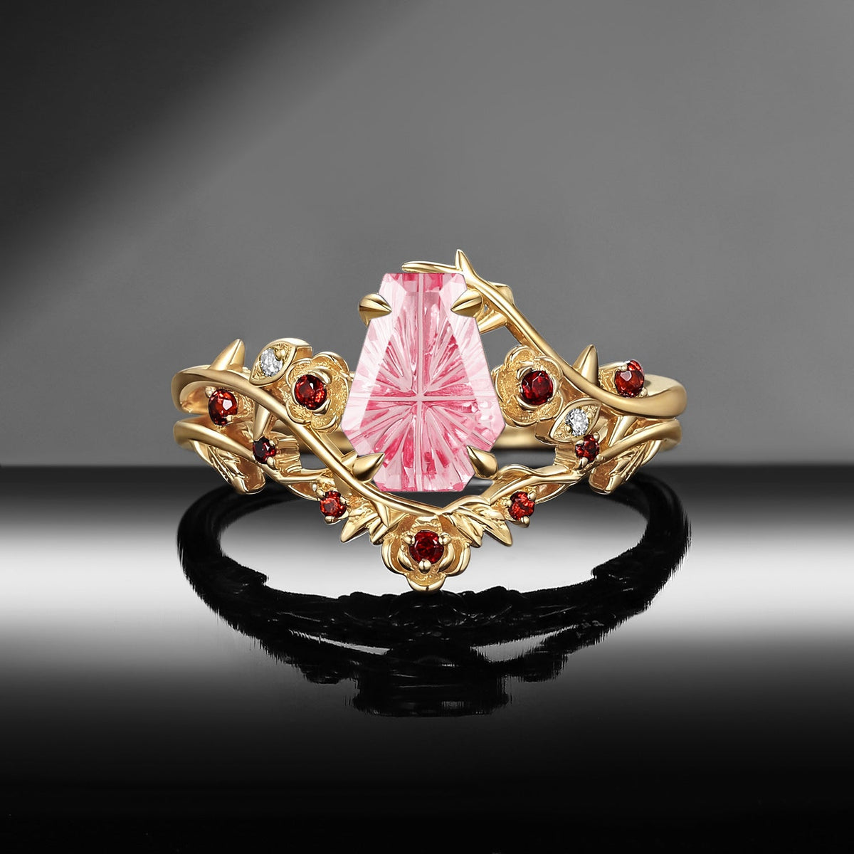'Thorns & Roses' - Gothic Nature Inspired Fantasy Carved Coffin Lab Pink Sapphire Engagement Ring Set