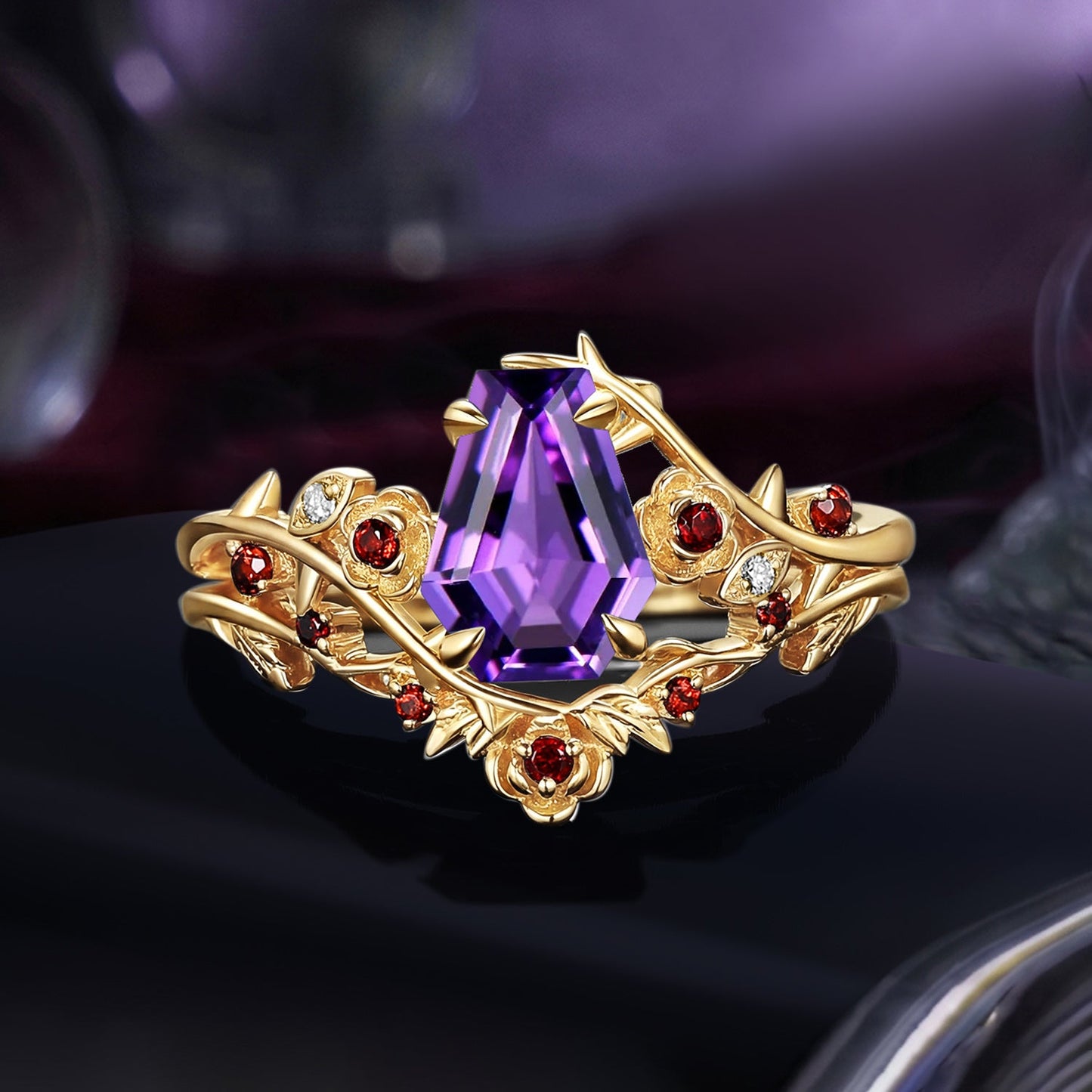 'The Fine Print' - Nature Inspired Coffin Amethyst Thorns & Roses Engagement Ring Set
