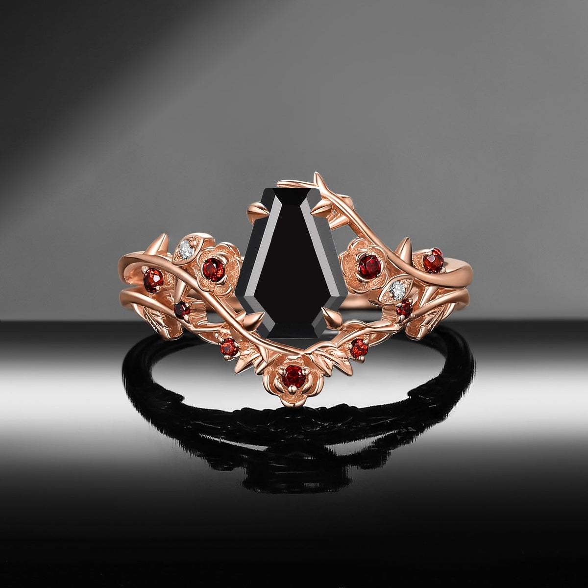 Gothic Nature Inspired Coffin Cut Black Moissanite Engagement Ring Set 2pcs - 'Thorns & Roses'