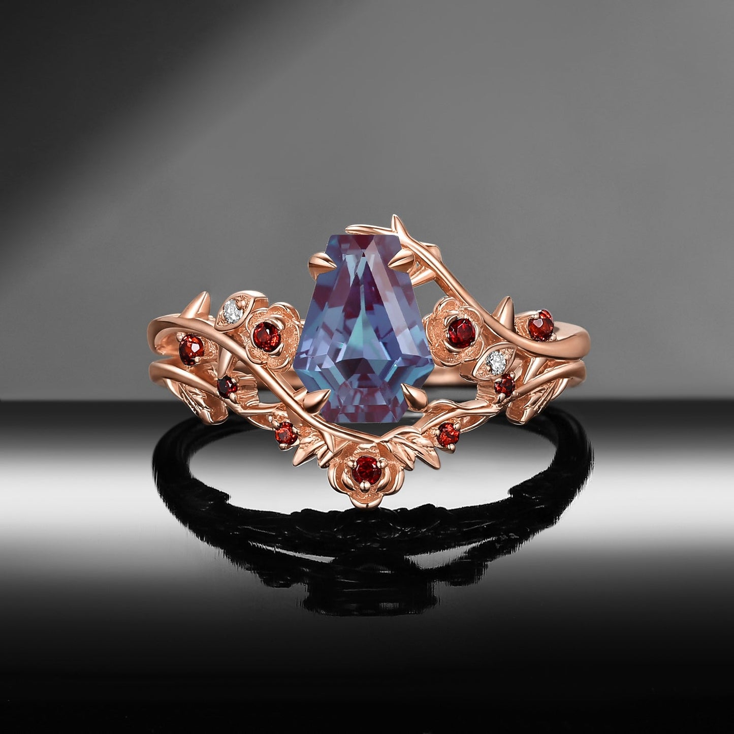 'The Fine Print' - Nature Inspired Coffin Cut Lab Alexandrite Thorns & Roses Bridal Set with Twisted Vine Band