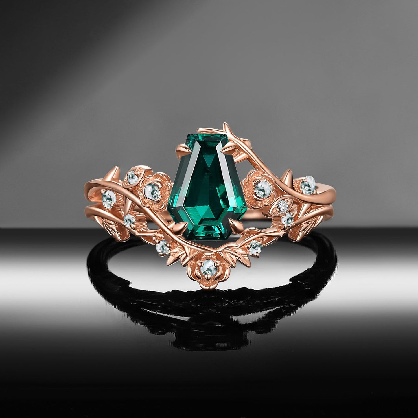 Gothic Nature Inspired Coffin Cut Lab Emerald Engagement Ring Set 2pcs - 'Thorns & Roses'