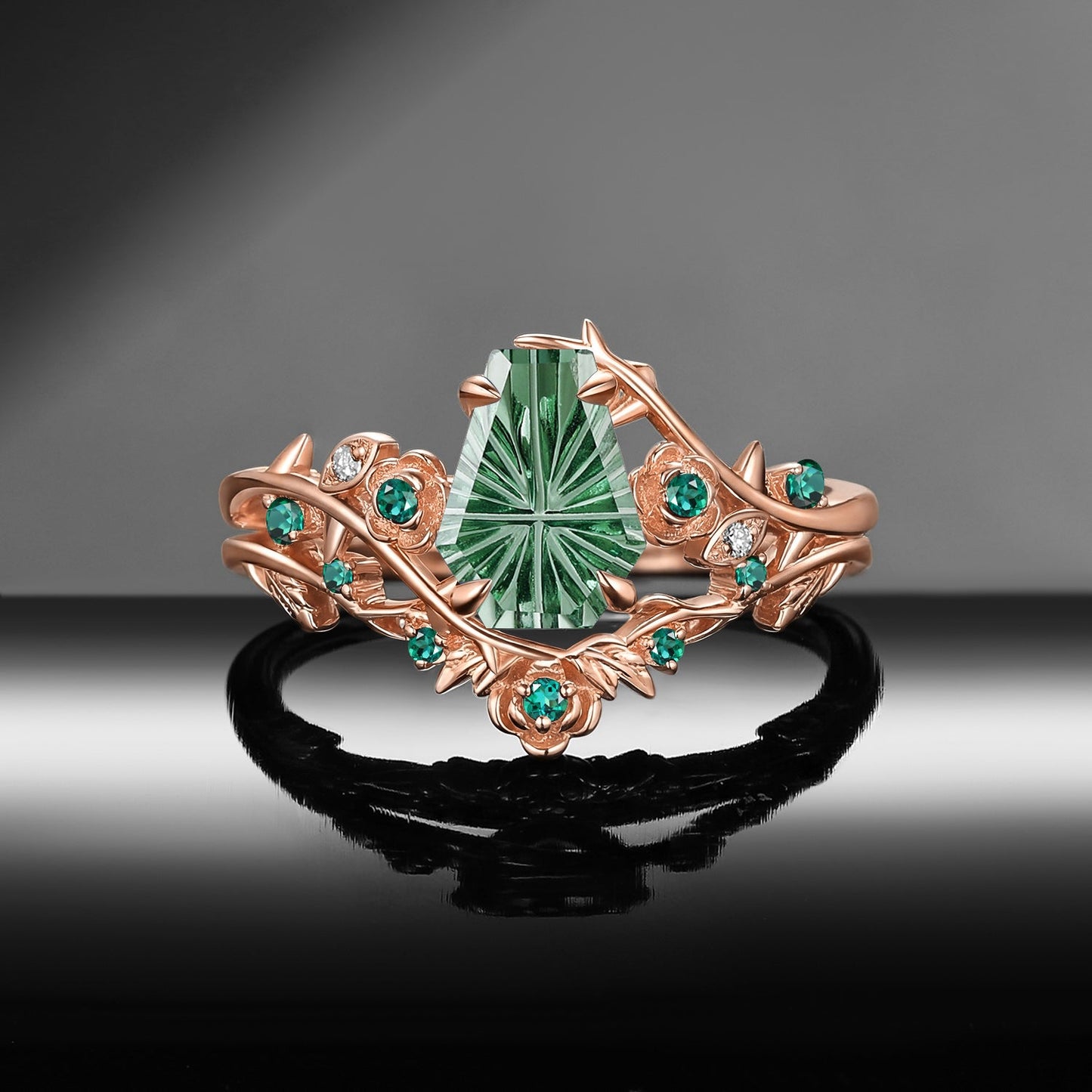 'Thorns & Roses' - Gothic Nature Inspired Fantasy Carved Coffin Lab Green Sapphire Engagement Ring Set