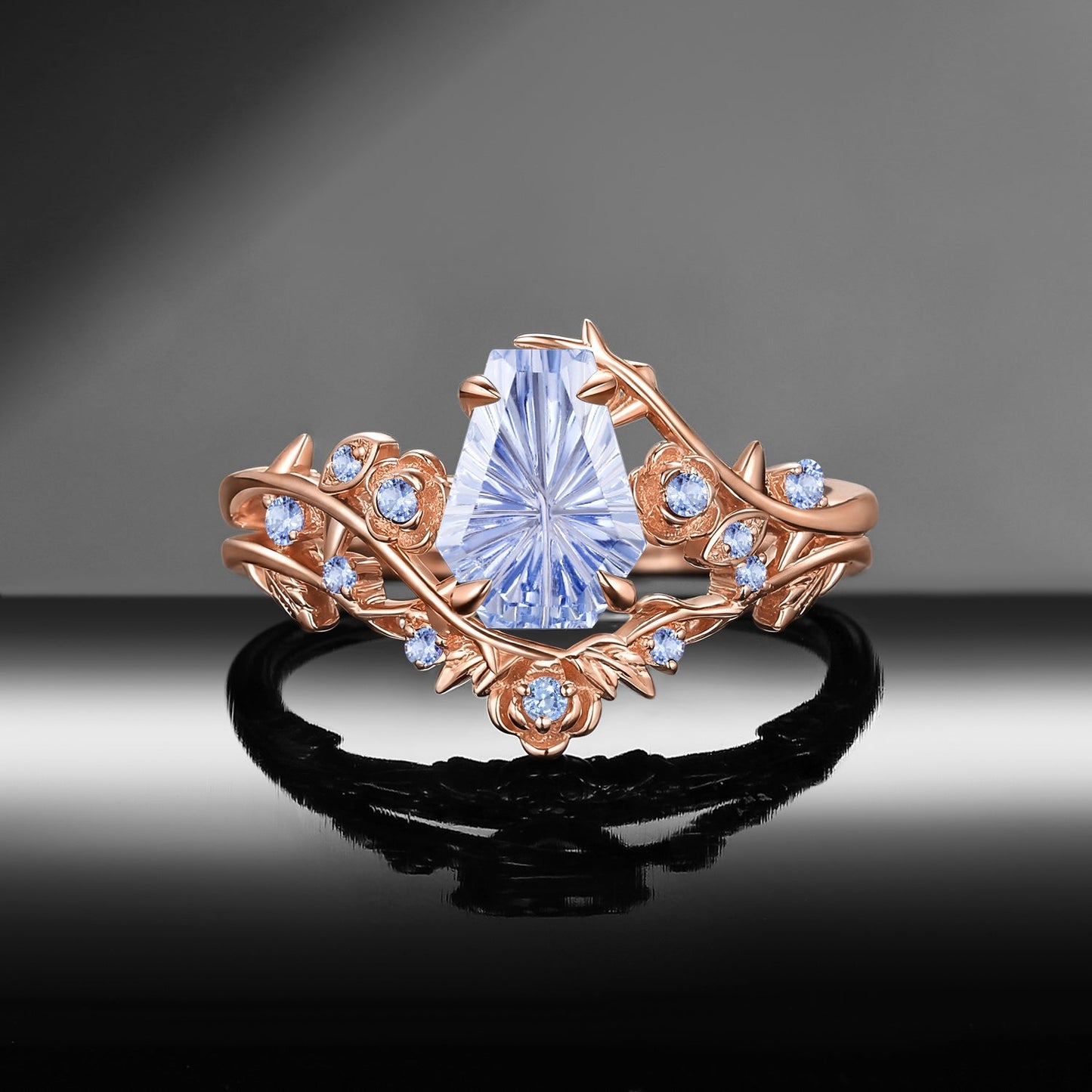 Thorns & Roses - Gothic Nature Inspired Fantasy Carved Coffin Lab Cornflower Sapphire Engagement Ring Set 2pcs