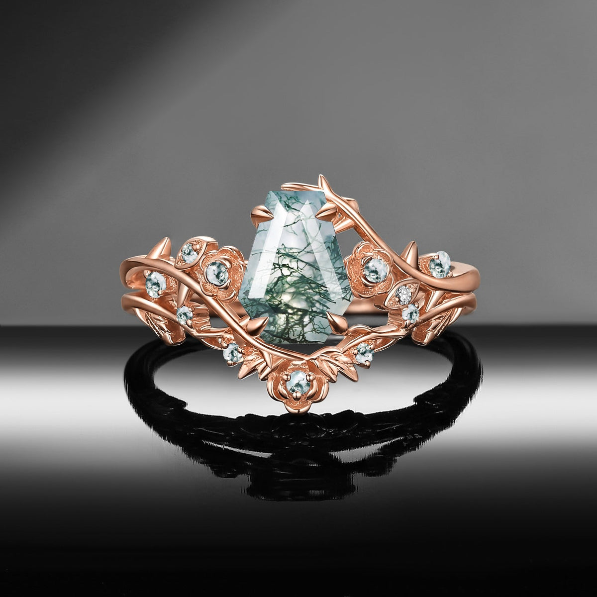 Gothic Nature Inspired Coffin Cut Moss Agate Engagement Ring Set 2pcs - 'Thorns & Roses'