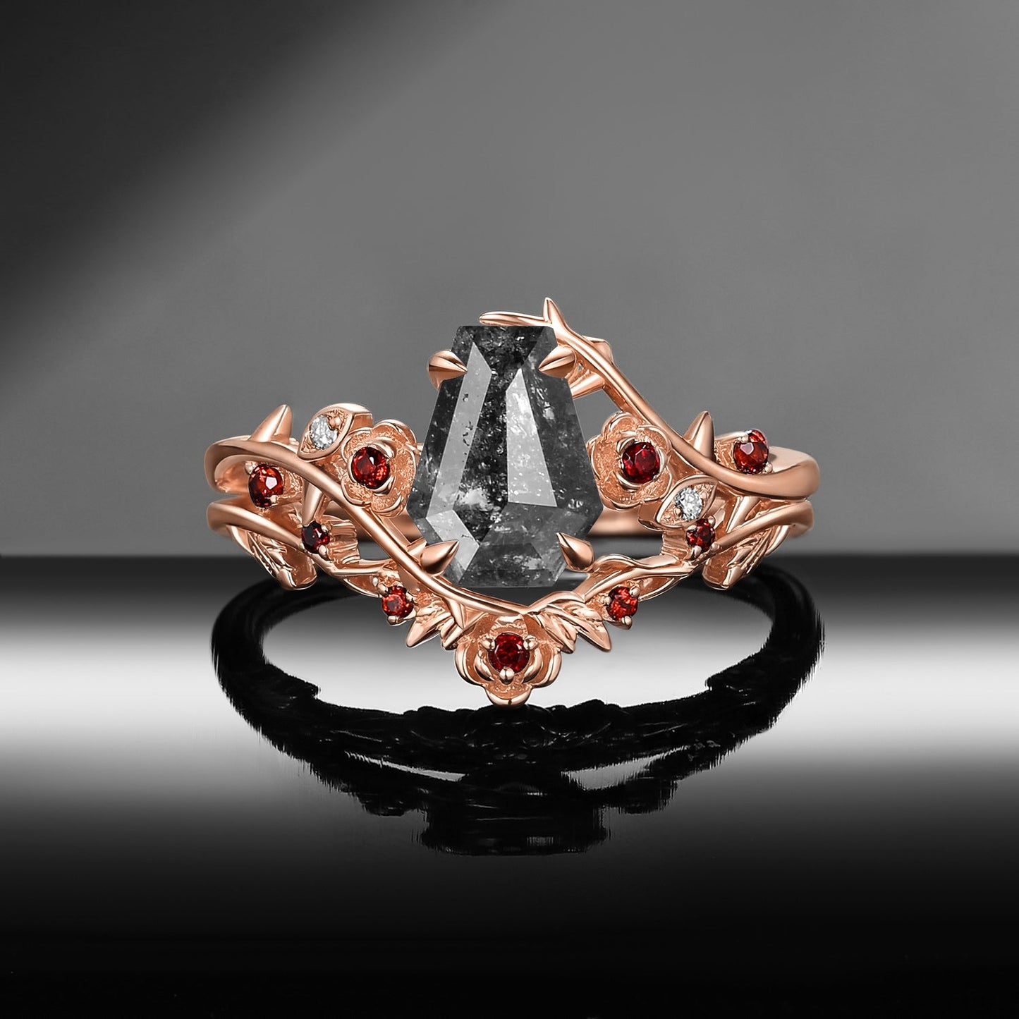 'The Fine Print' - Nature Inspired Coffin Salt & Pepper Diamond Thorns & Roses Bridal Set with Twisted Vine Band
