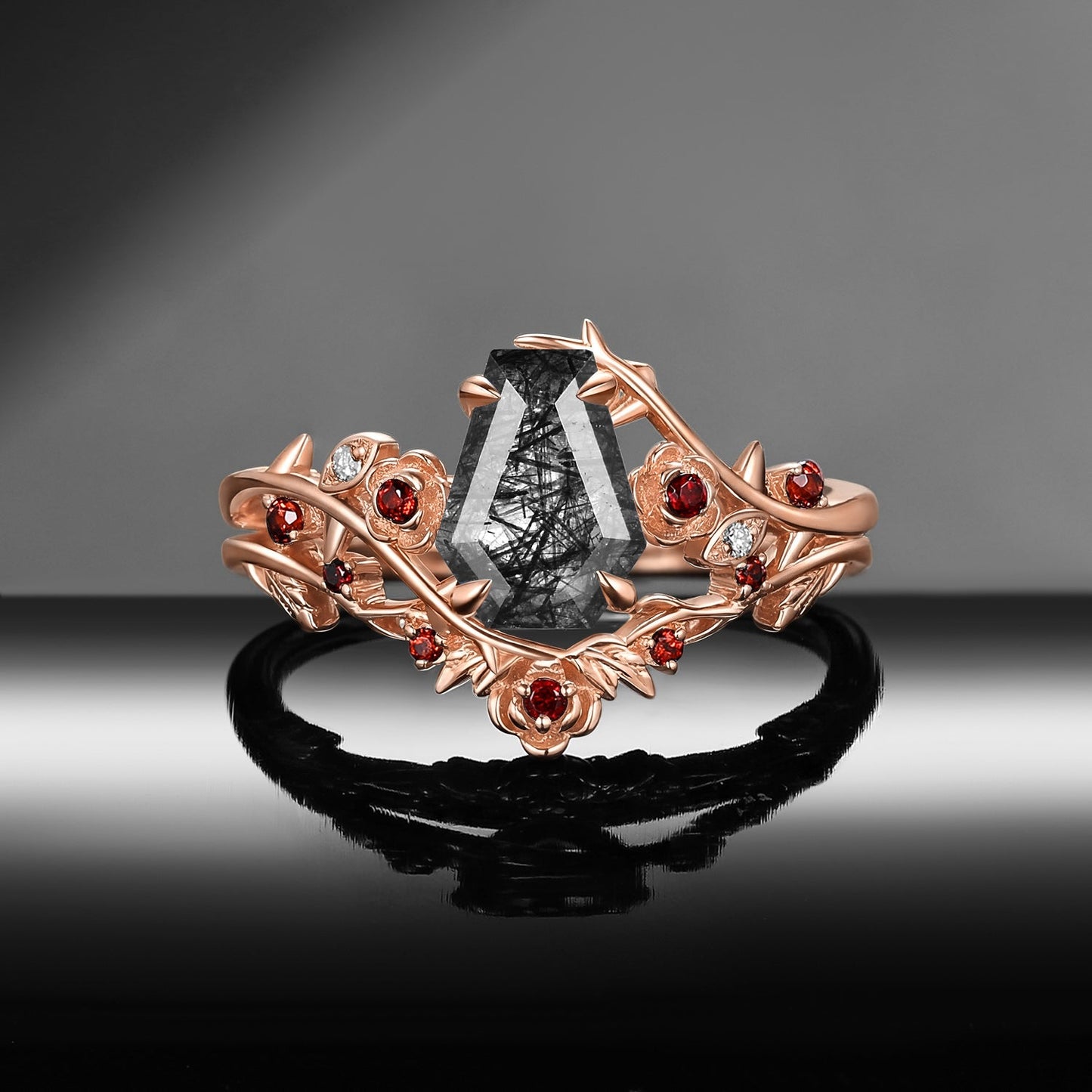 Thorns & Roses - Gothic Nature Inspired Coffin Black Rutilated Quartz Engagement Ring Set