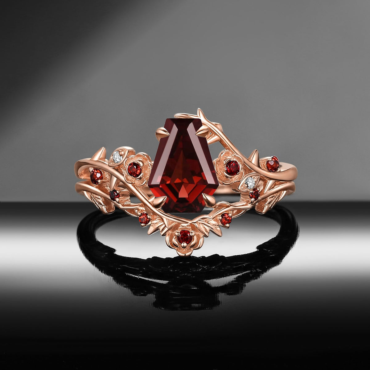 Gothic Nature Inspired Coffin Cut Garnet Engagement Ring Set 2pcs - 'Thorns & Roses'