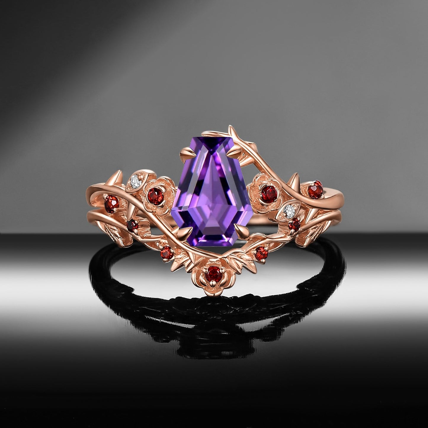 'The Fine Print' - Nature Inspired Coffin Amethyst Thorns & Roses Engagement Ring Set