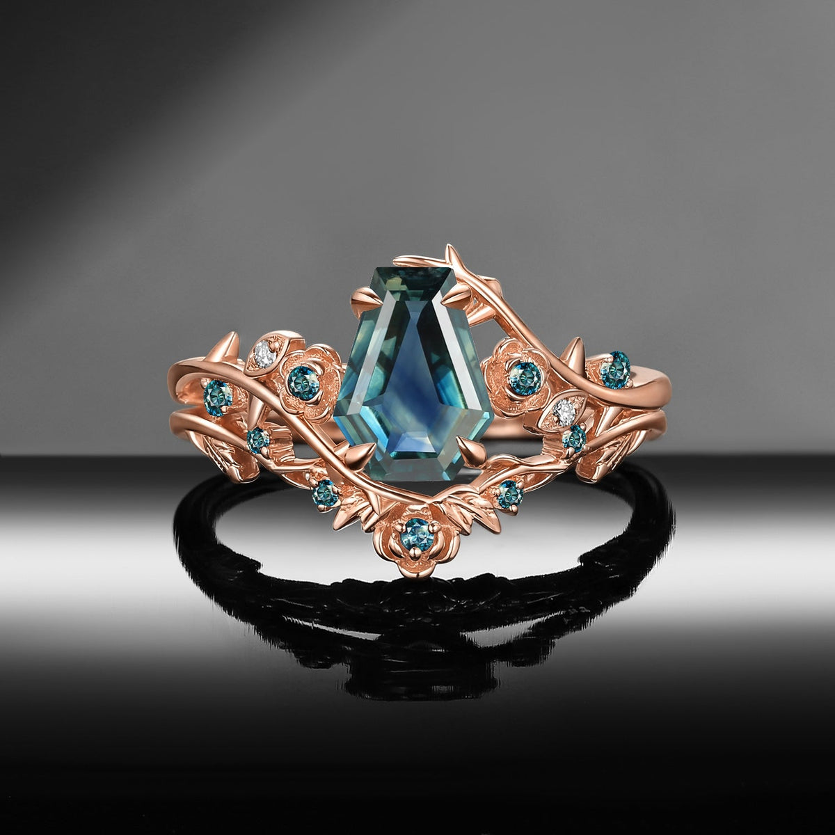 Thorns & Roses - Nature Inspired Coffin Cut Natural Teal Sapphire Engagement Ring Bridal Set with Diamond Accents