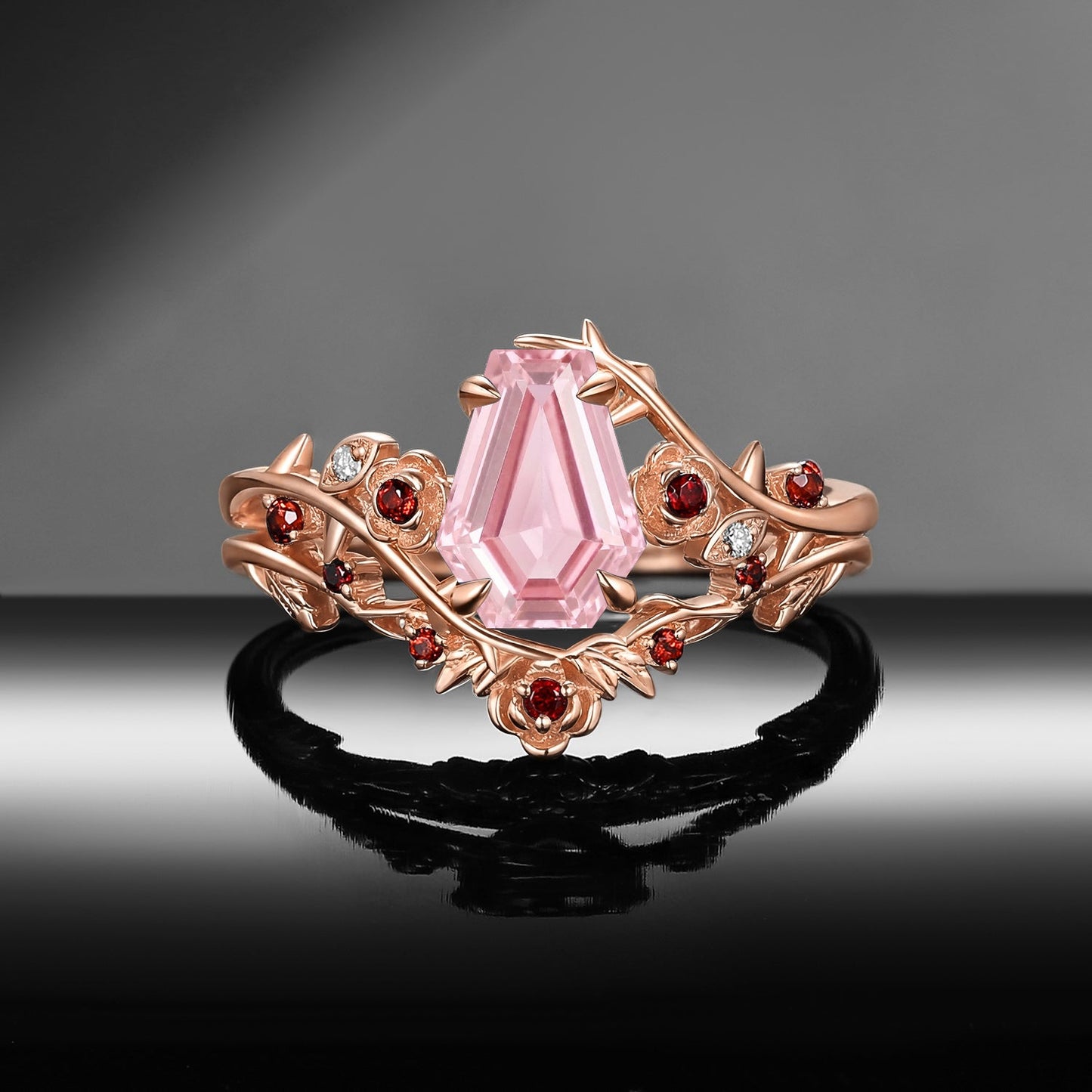 Gothic Nature Inspired Coffin Cut Lab Pink Sapphire Engagement Ring Set 2pcs - 'Thorns & Roses'