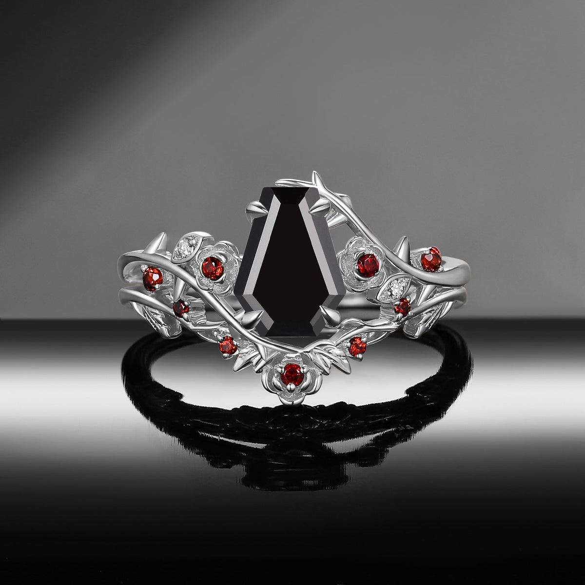 Gothic Nature Inspired Coffin Cut Black Moissanite Engagement Ring Set 2pcs - 'Thorns & Roses'
