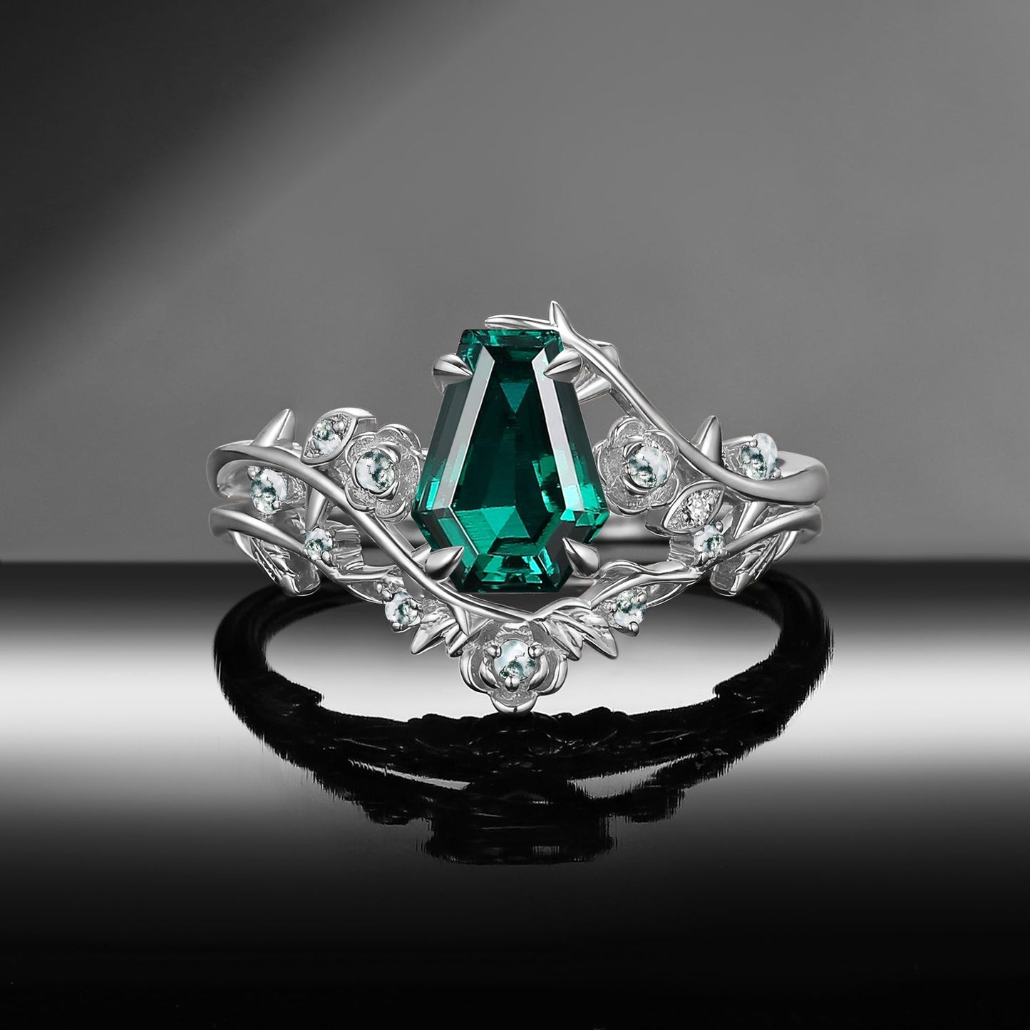 Gothic Nature Inspired Coffin Cut Lab Emerald Engagement Ring Set 2pcs - 'Thorns & Roses'