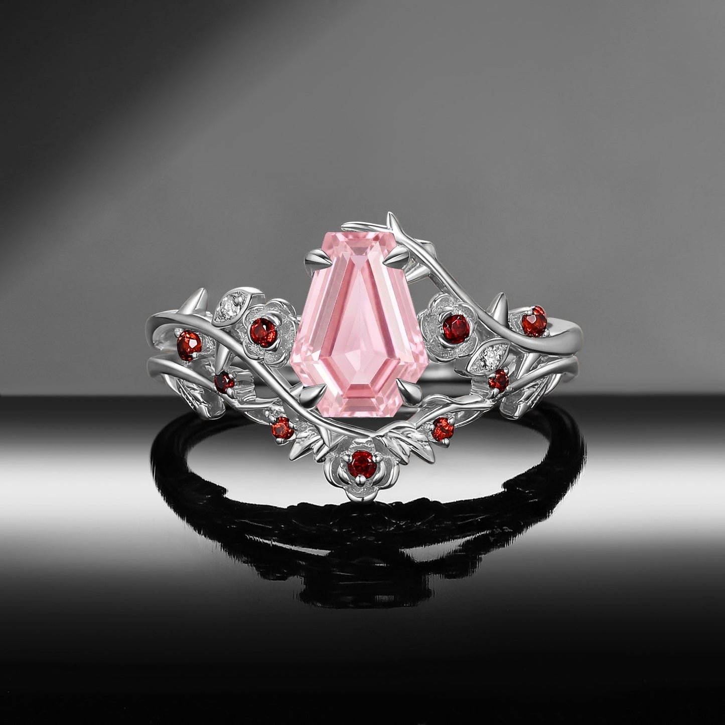 Gothic Nature Inspired Coffin Cut Lab Pink Sapphire Engagement Ring Set 2pcs - 'Thorns & Roses'