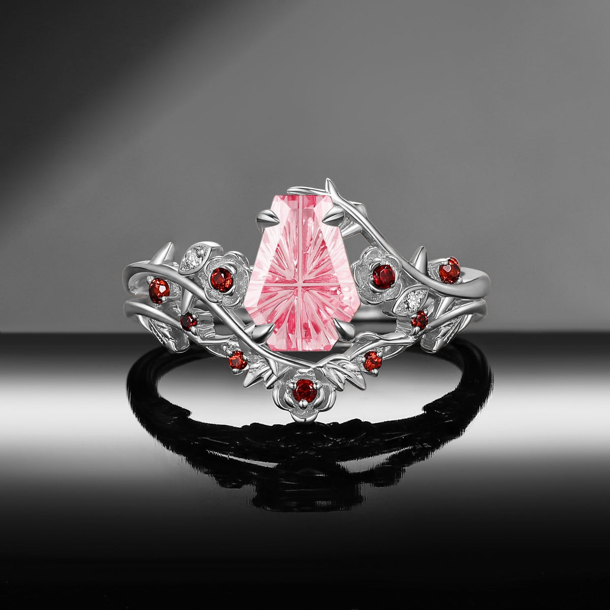 'Thorns & Roses' - Gothic Nature Inspired Fantasy Carved Coffin Lab Pink Sapphire Engagement Ring Set