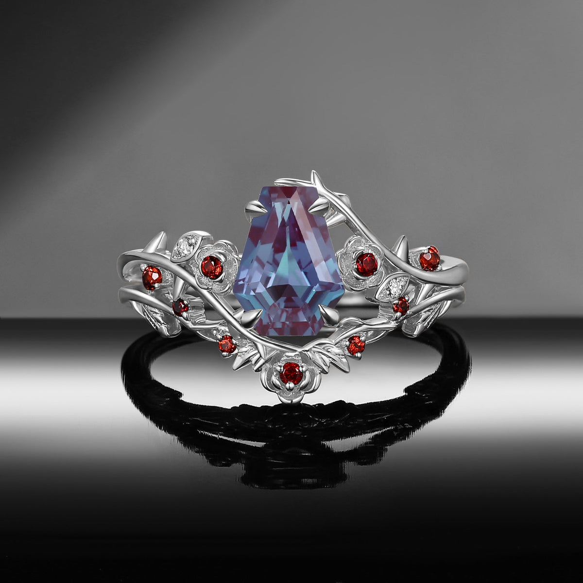'The Fine Print' - Nature Inspired Coffin Cut Lab Alexandrite Thorns & Roses Bridal Set with Twisted Vine Band